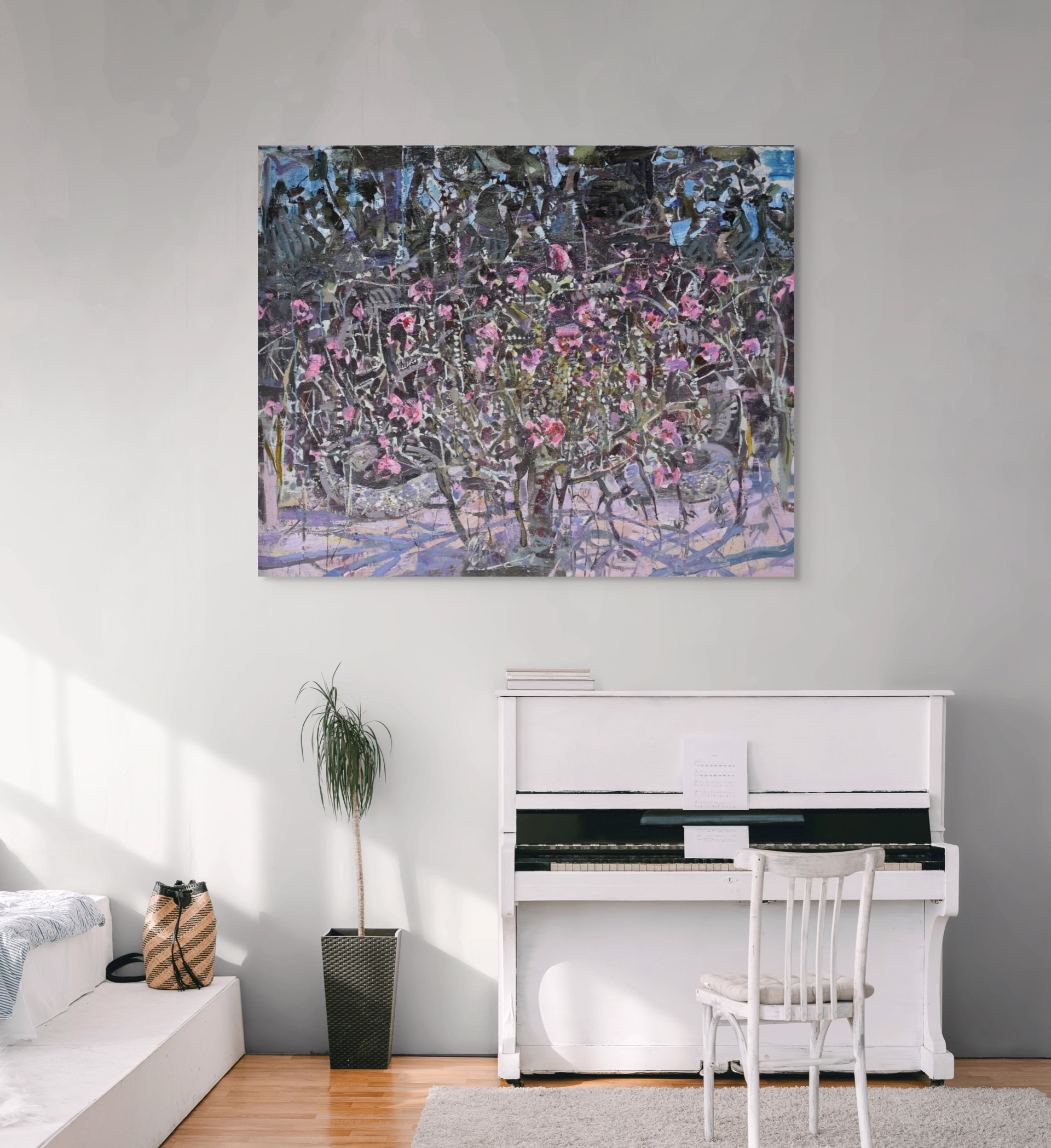 A painting of pink flowers in a vase on a table.