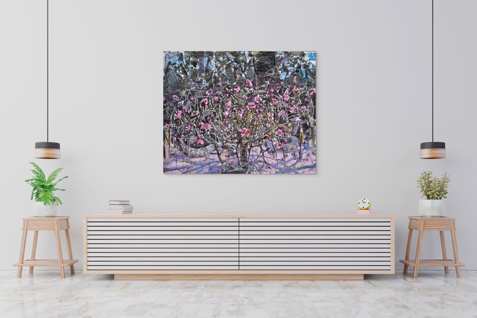 A painting of pink flowers in a vase on a table.