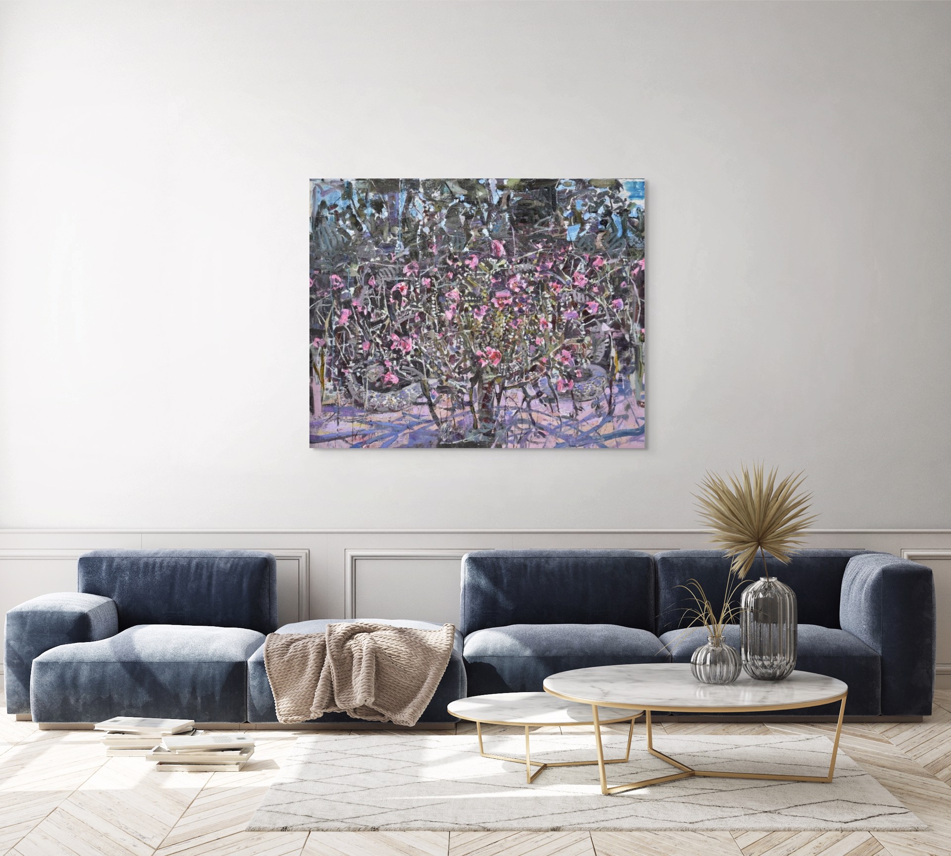 A painting of pink flowers in a vase on a table.