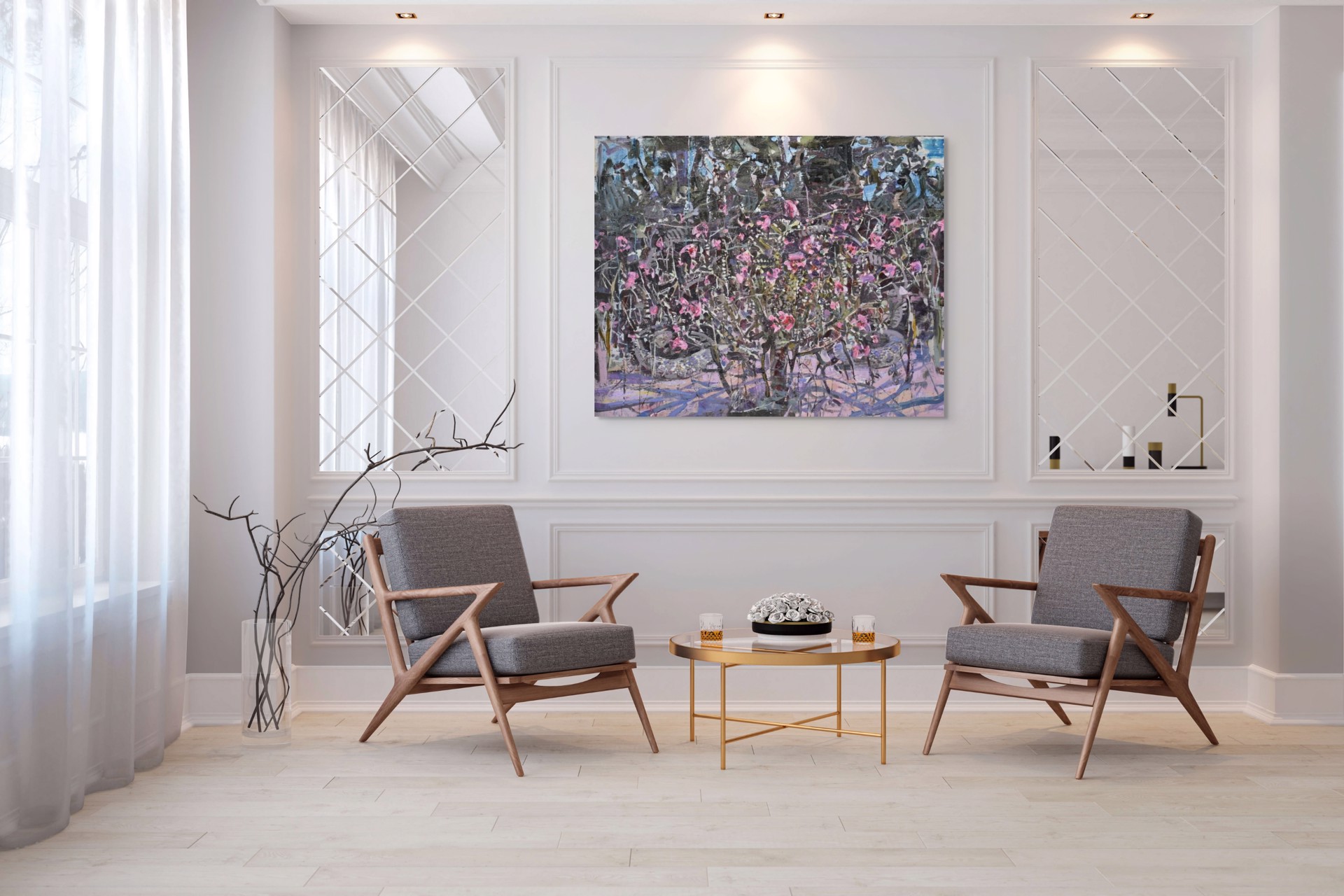 A painting of pink flowers in a vase on a table.