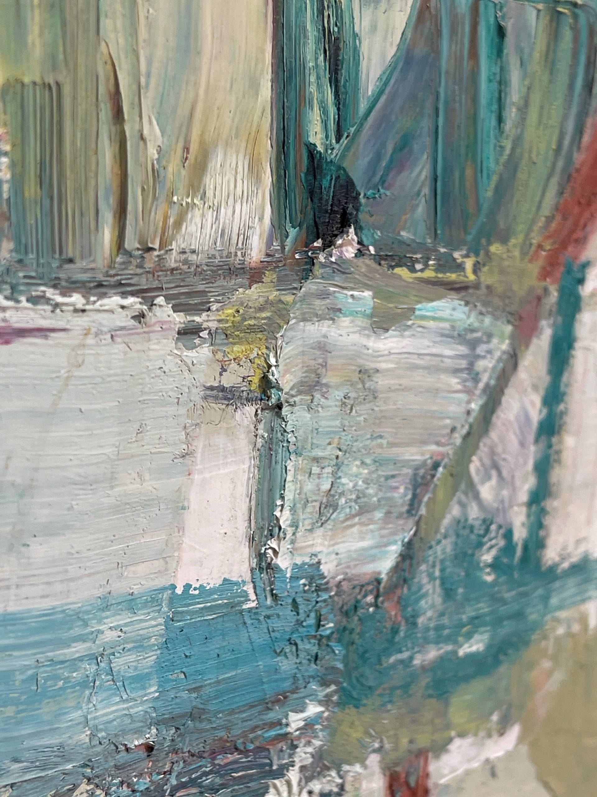 A painting of a cityscape with lots of different colors.