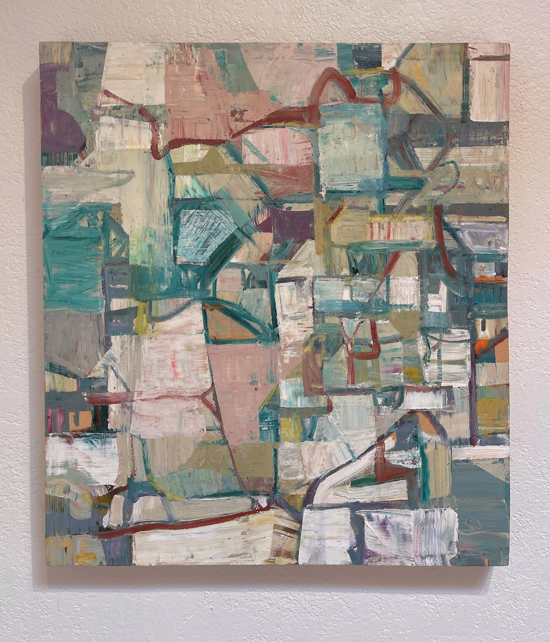 A painting of a cityscape with lots of different colors.