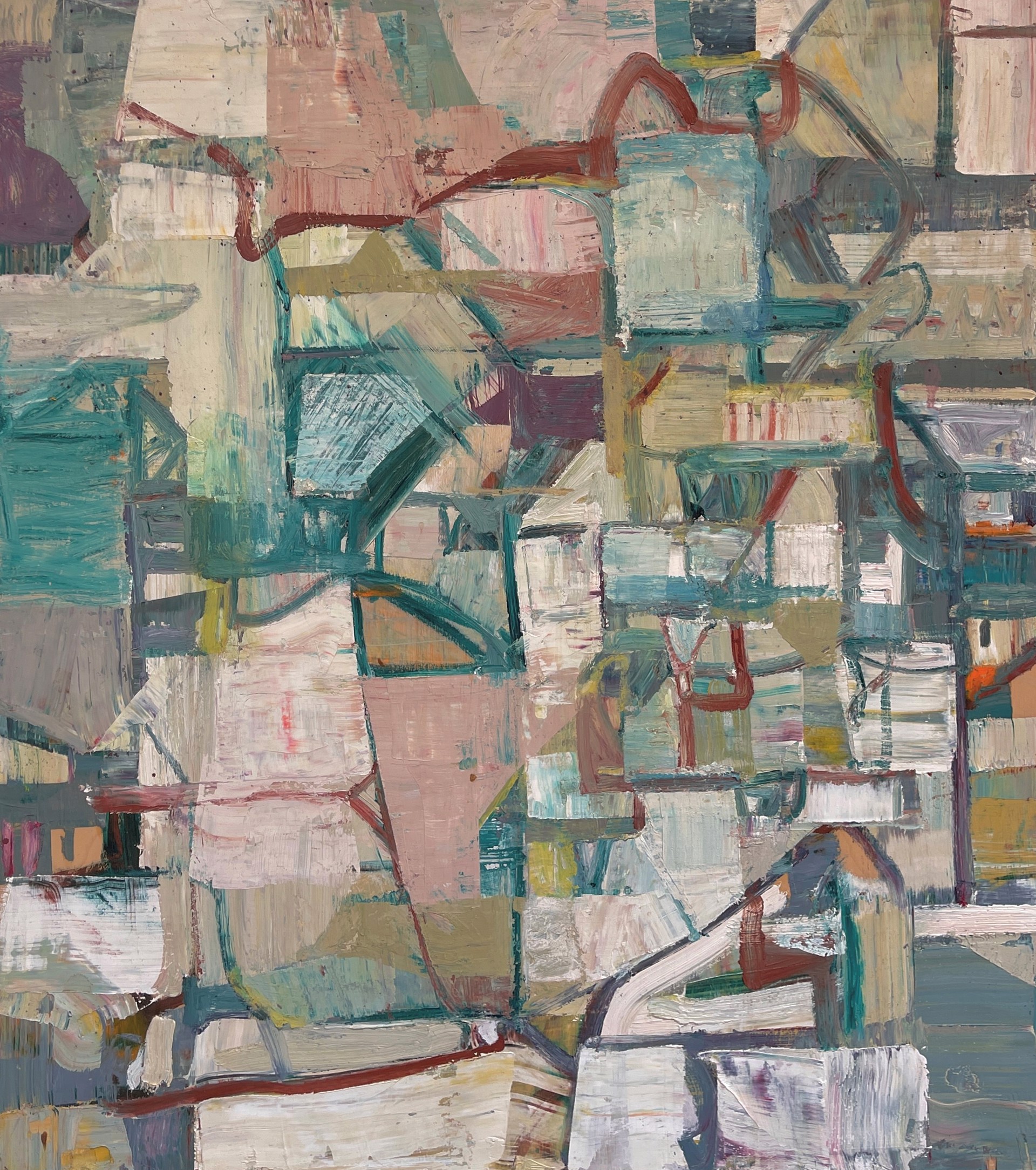 A painting of a cityscape with lots of different colors.