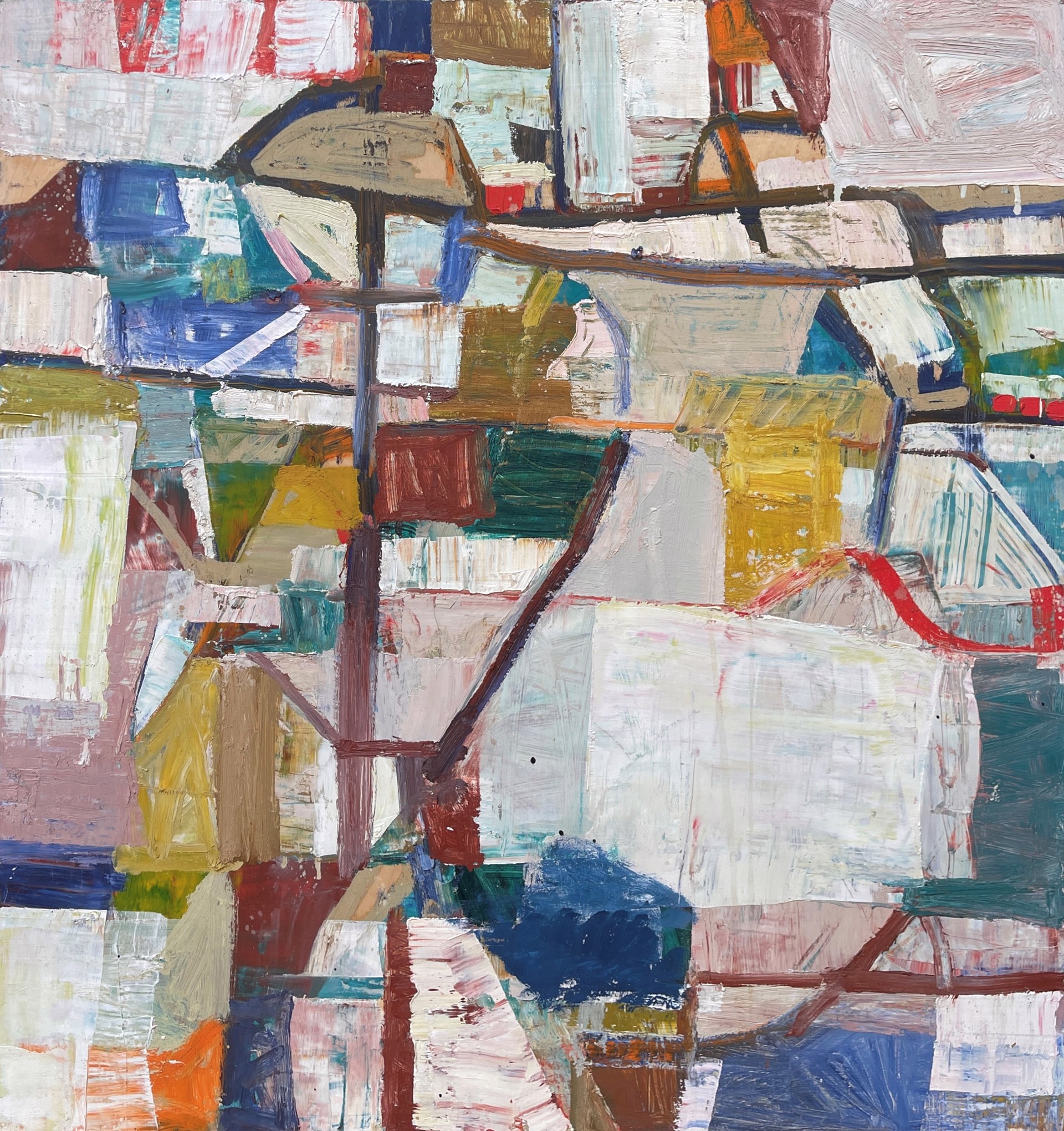 A painting of a cityscape with lots of different colors.