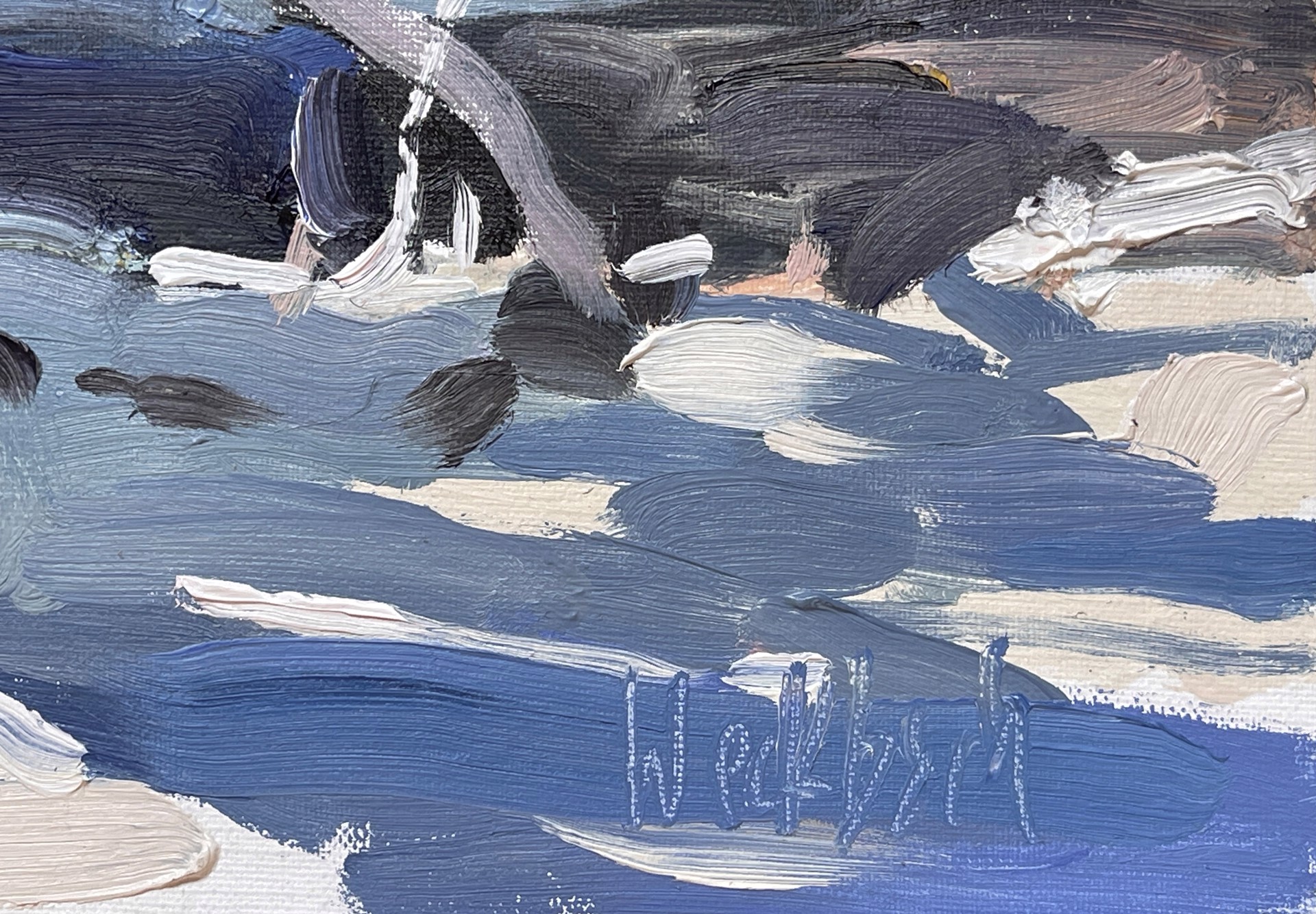 A painting of a tree in the snow. 