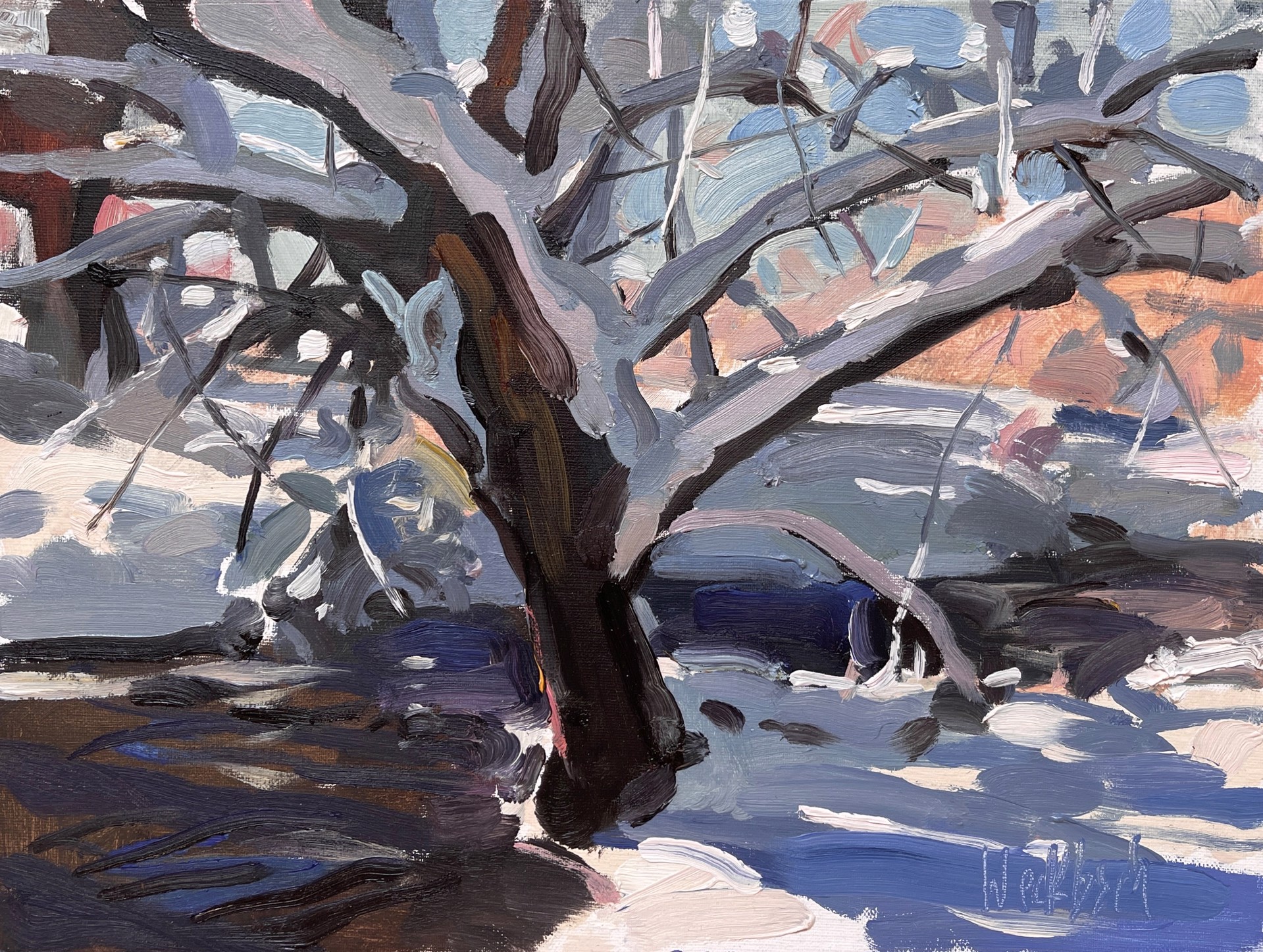 A painting of a tree in the snow. 