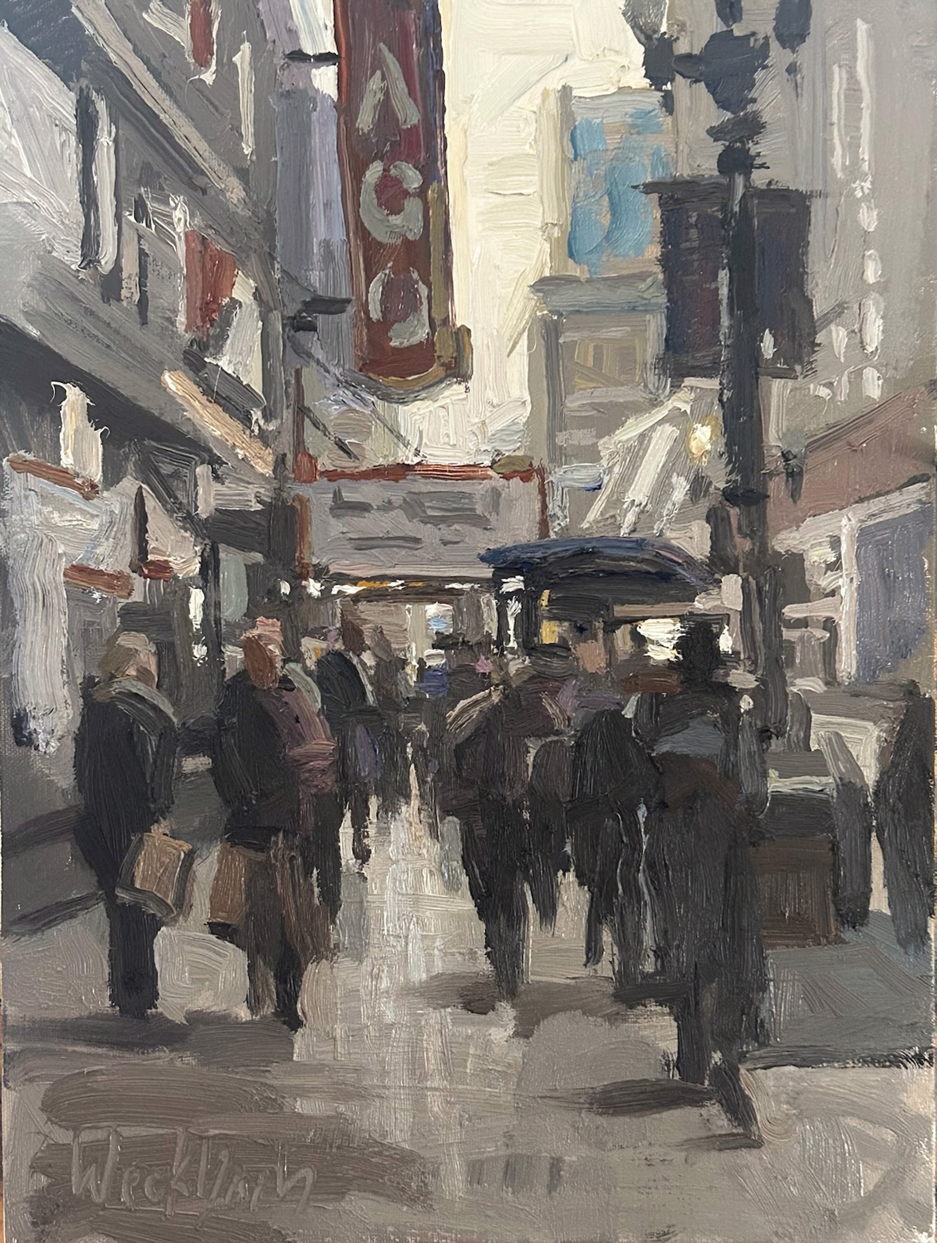 A painting of people walking down a city street.