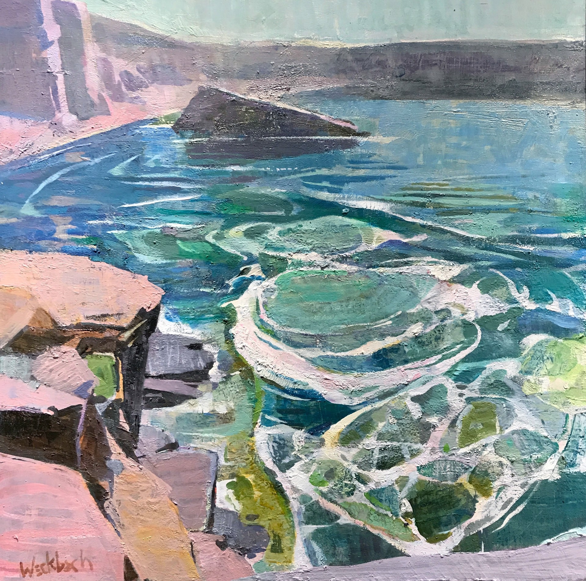A painting of a view of a body of water near a cliff.