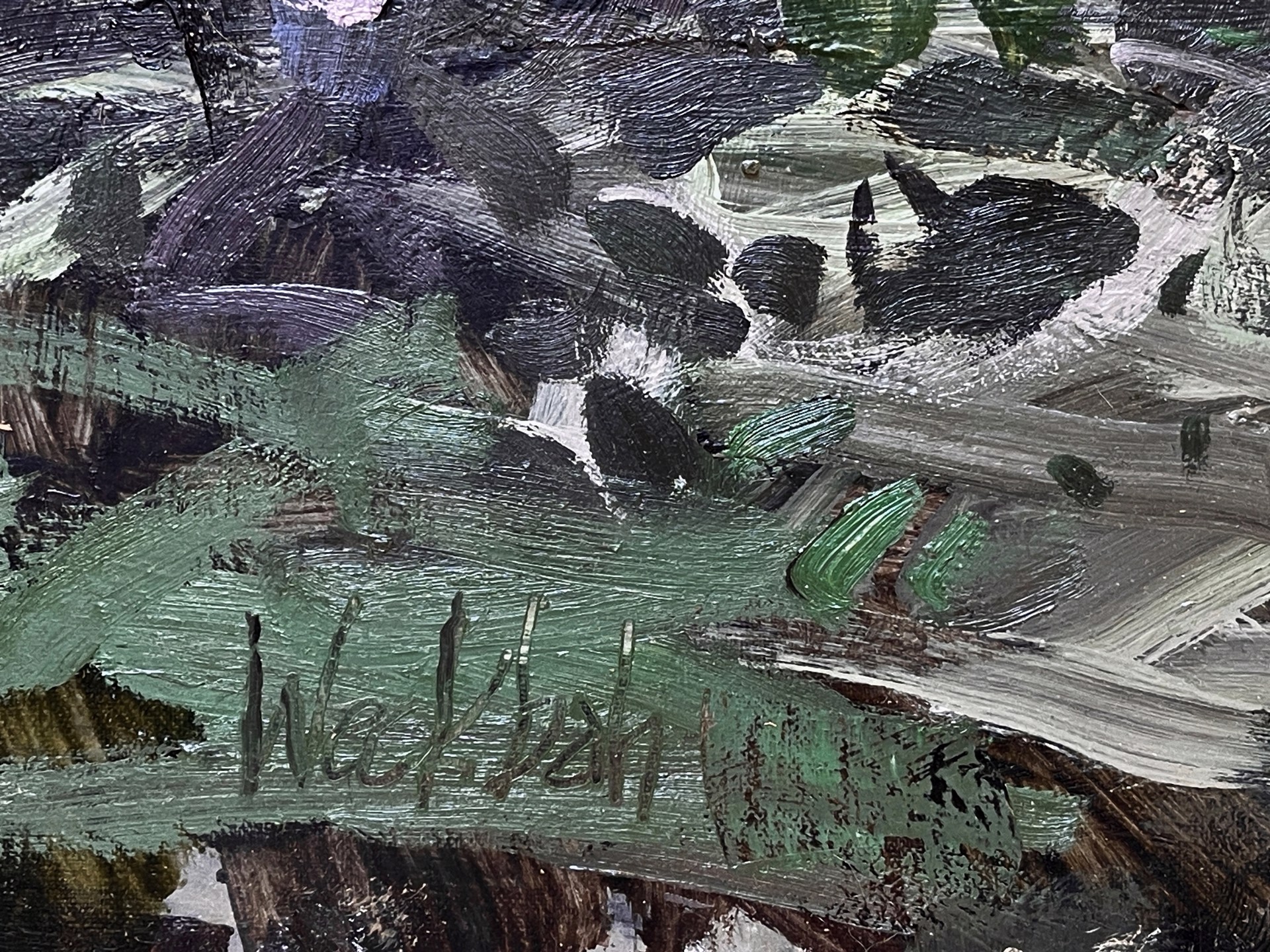 A painting of a stream running through a wooded area.