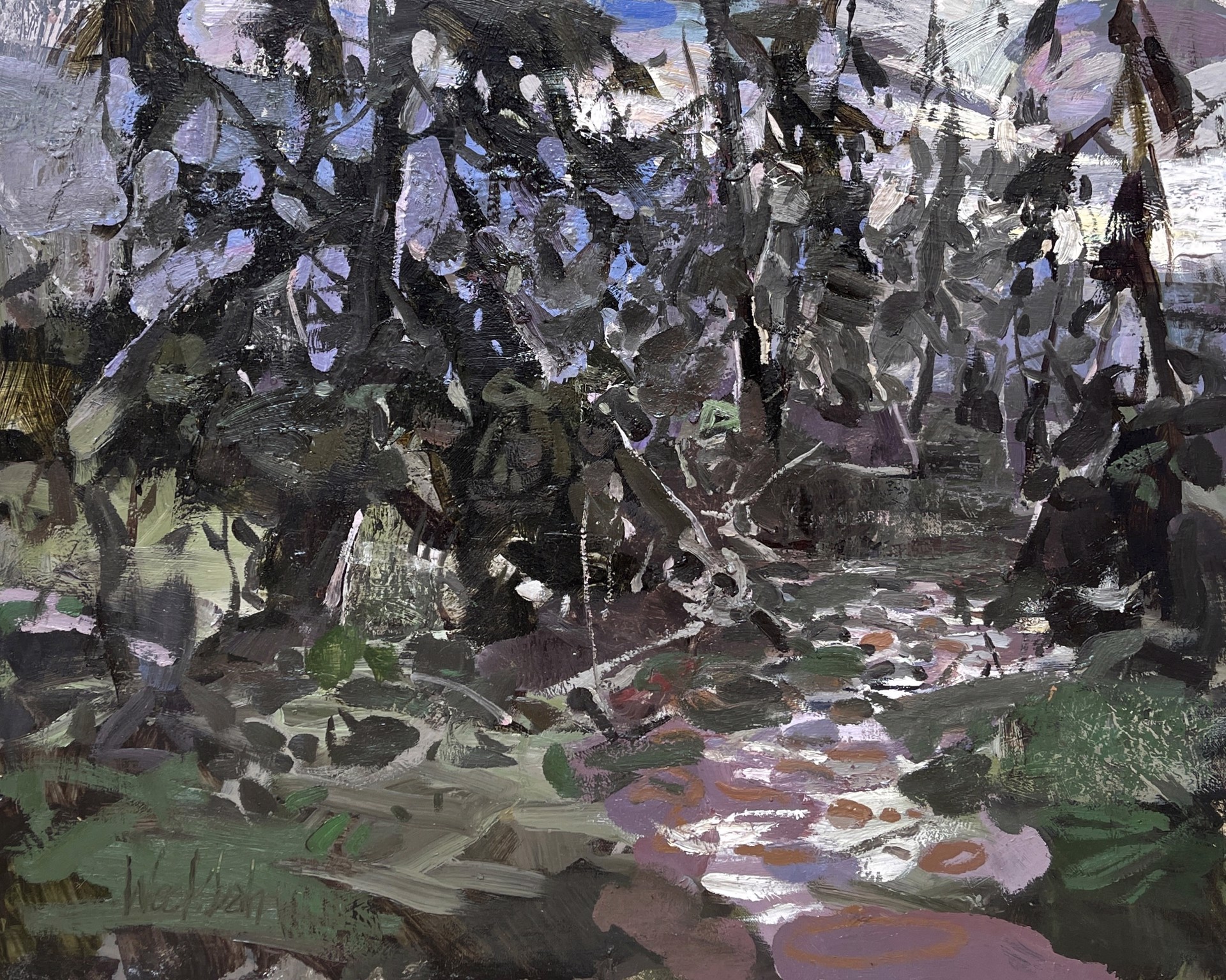 A painting of a stream running through a wooded area.