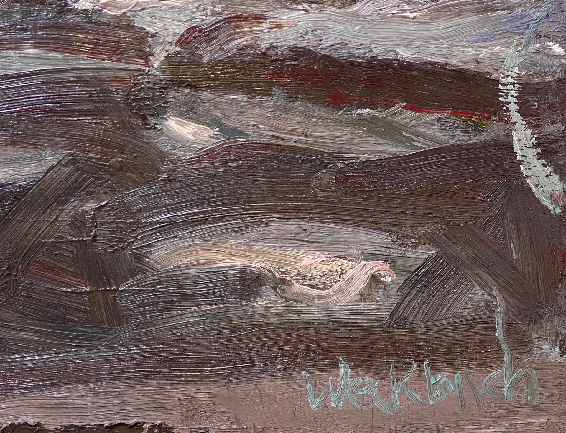 A painting of a dog laying on the ground in the water.
