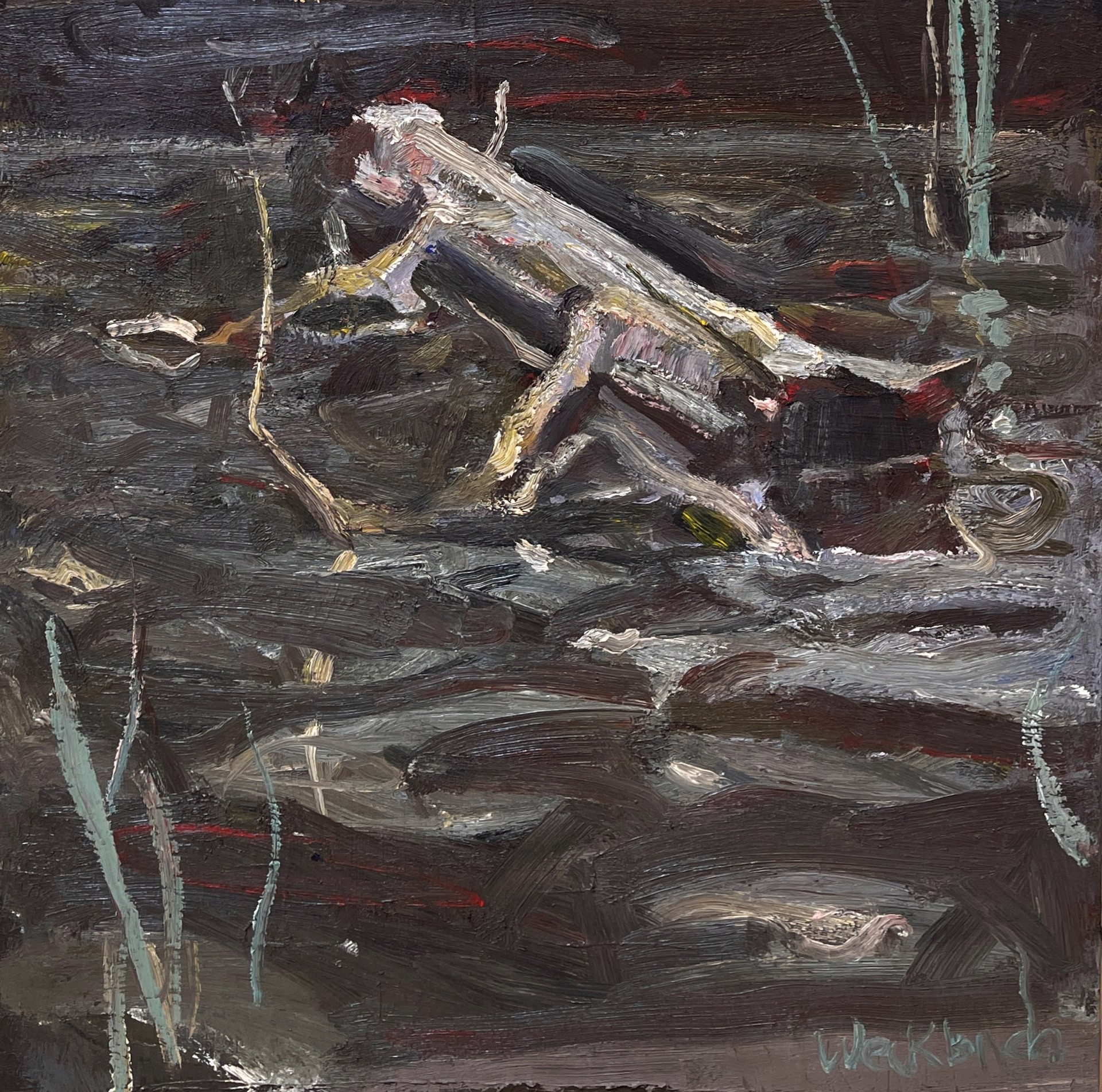 A painting of a dog laying on the ground in the water.