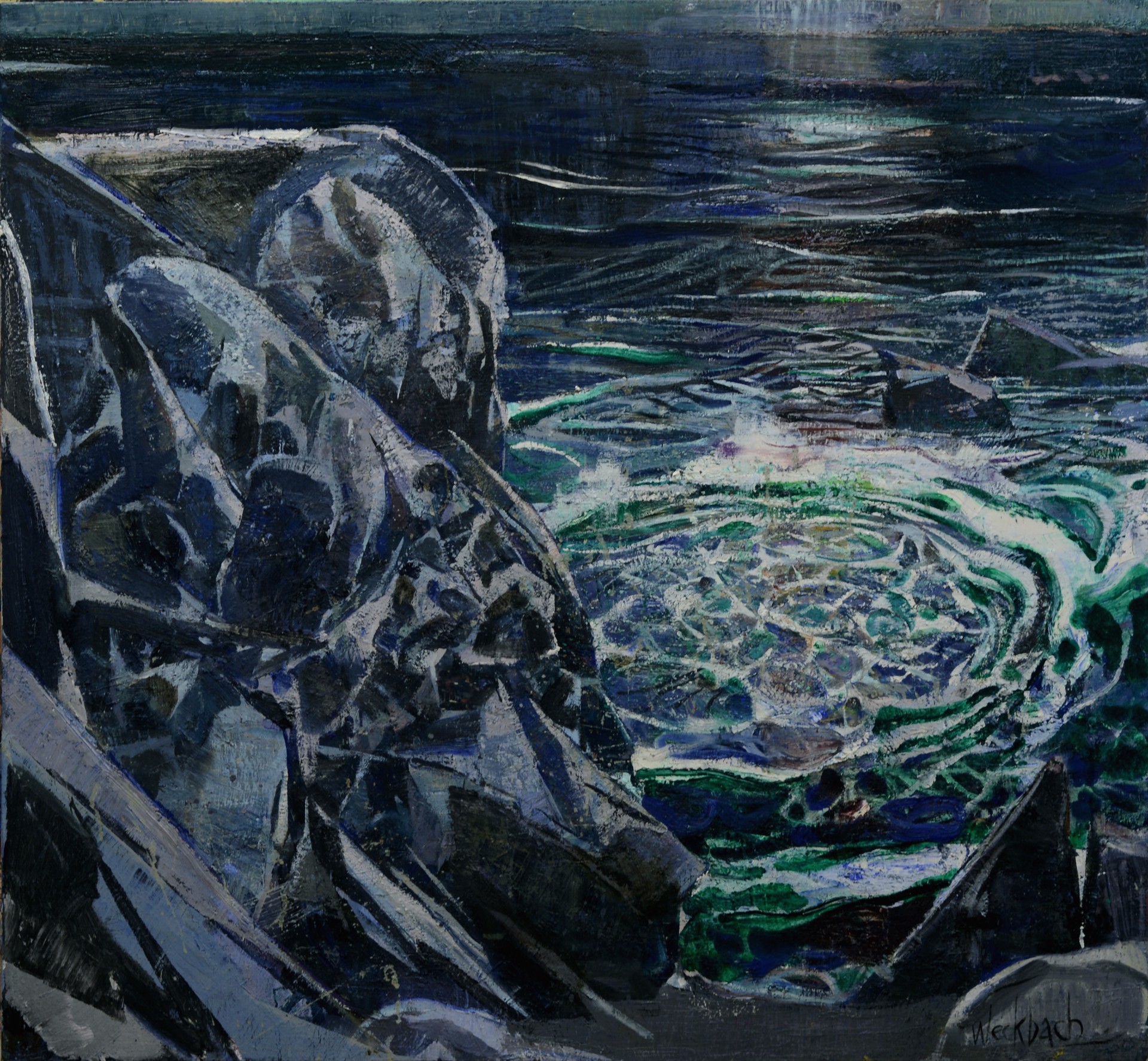 A dramatic seascape painting featuring jagged rocks and a swirling vortex of water.