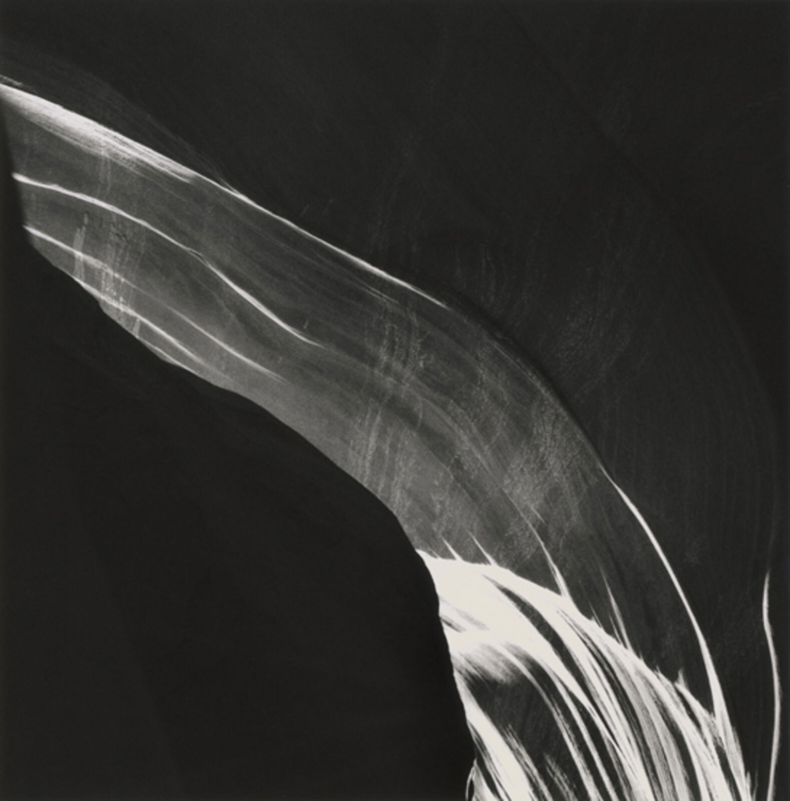 A monochromatic abstract composition featuring a sweeping, textured white form against a deep black background.
