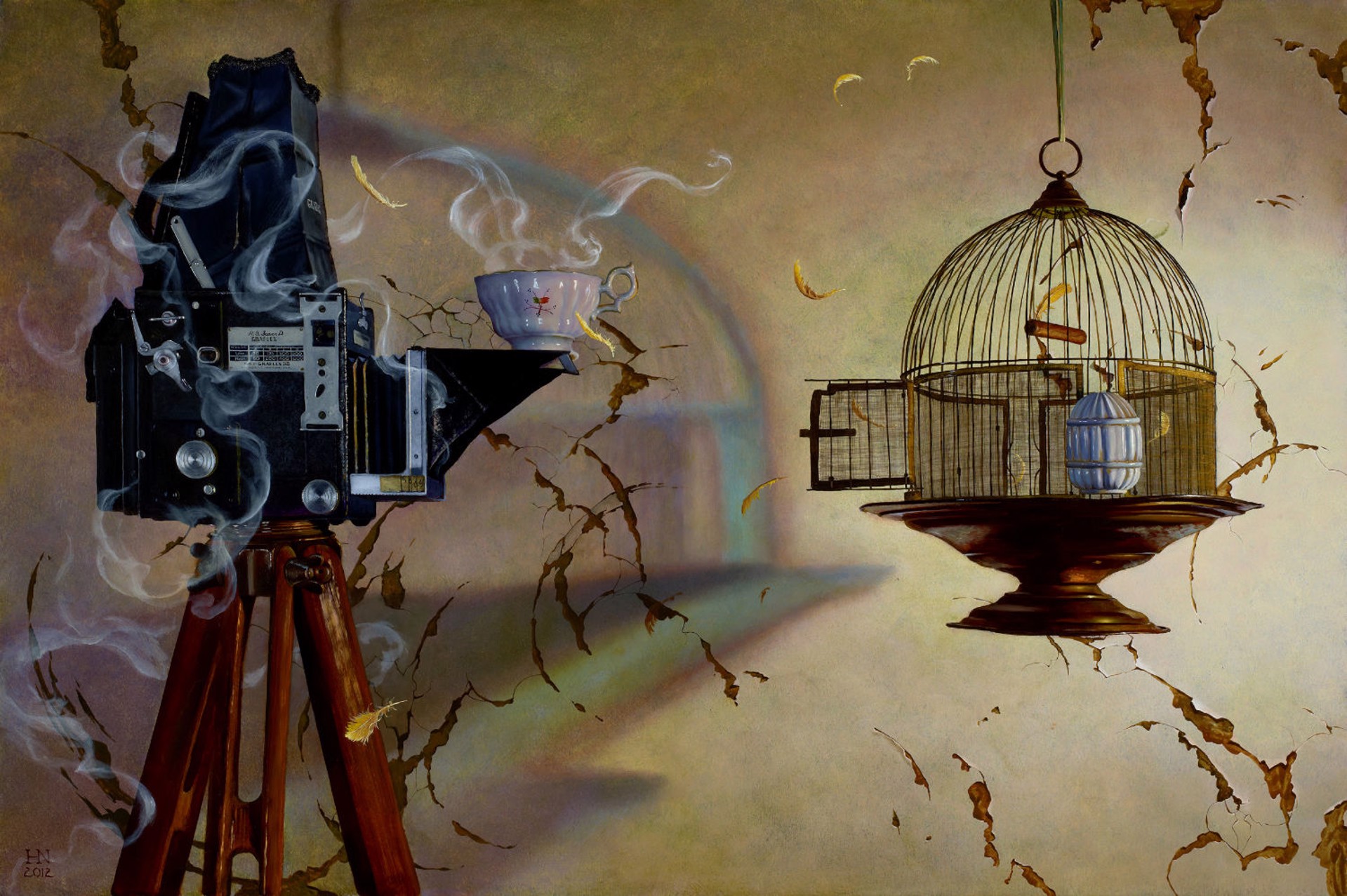 A surreal composition juxtaposes a vintage camera, a steaming teacup, and a birdcage against a textured, abstract background.