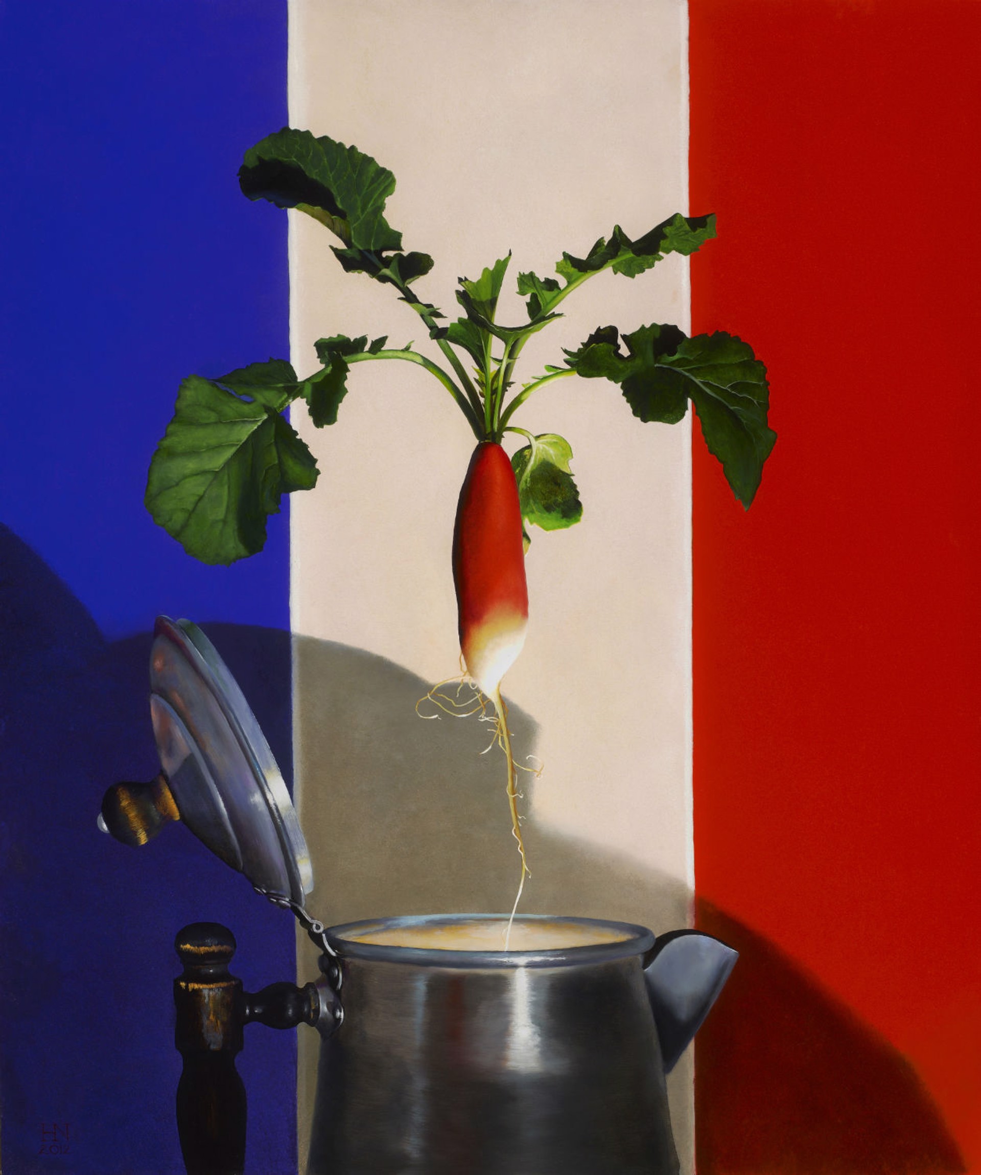 A surreal still life featuring a radish sprouting from a coffee pot against a tricolor background.