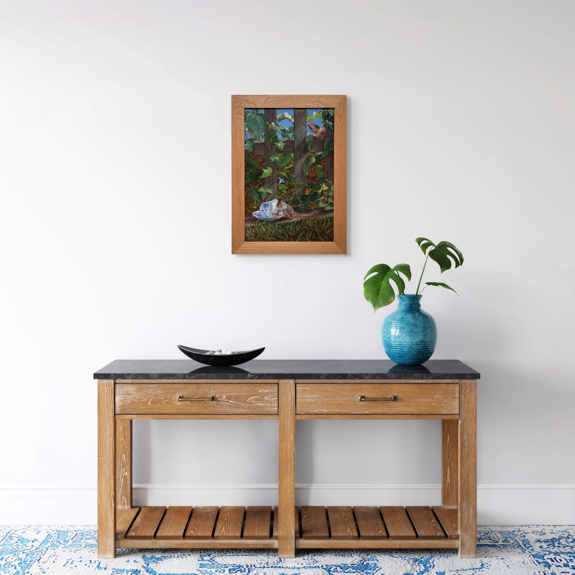 A painting of a chipmunk eating from a teacup in a garden.