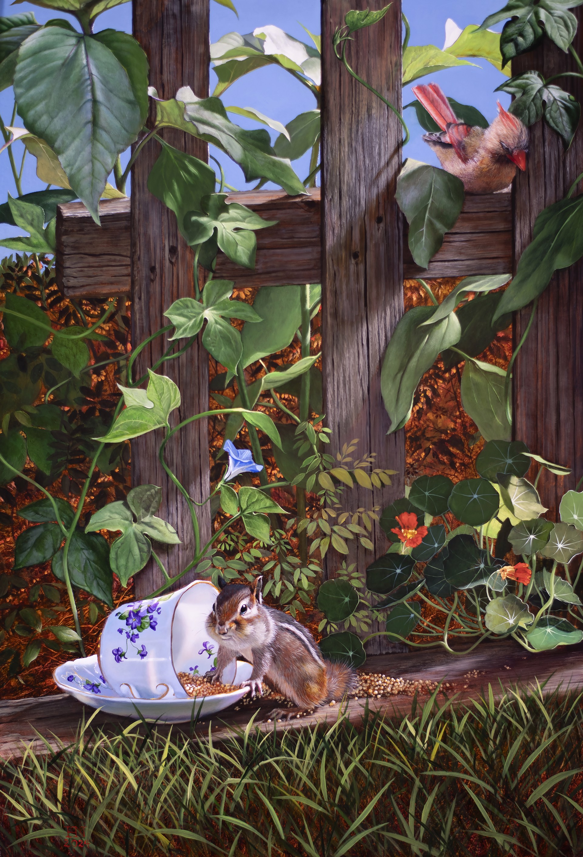 A painting of a chipmunk eating from a teacup in a garden.