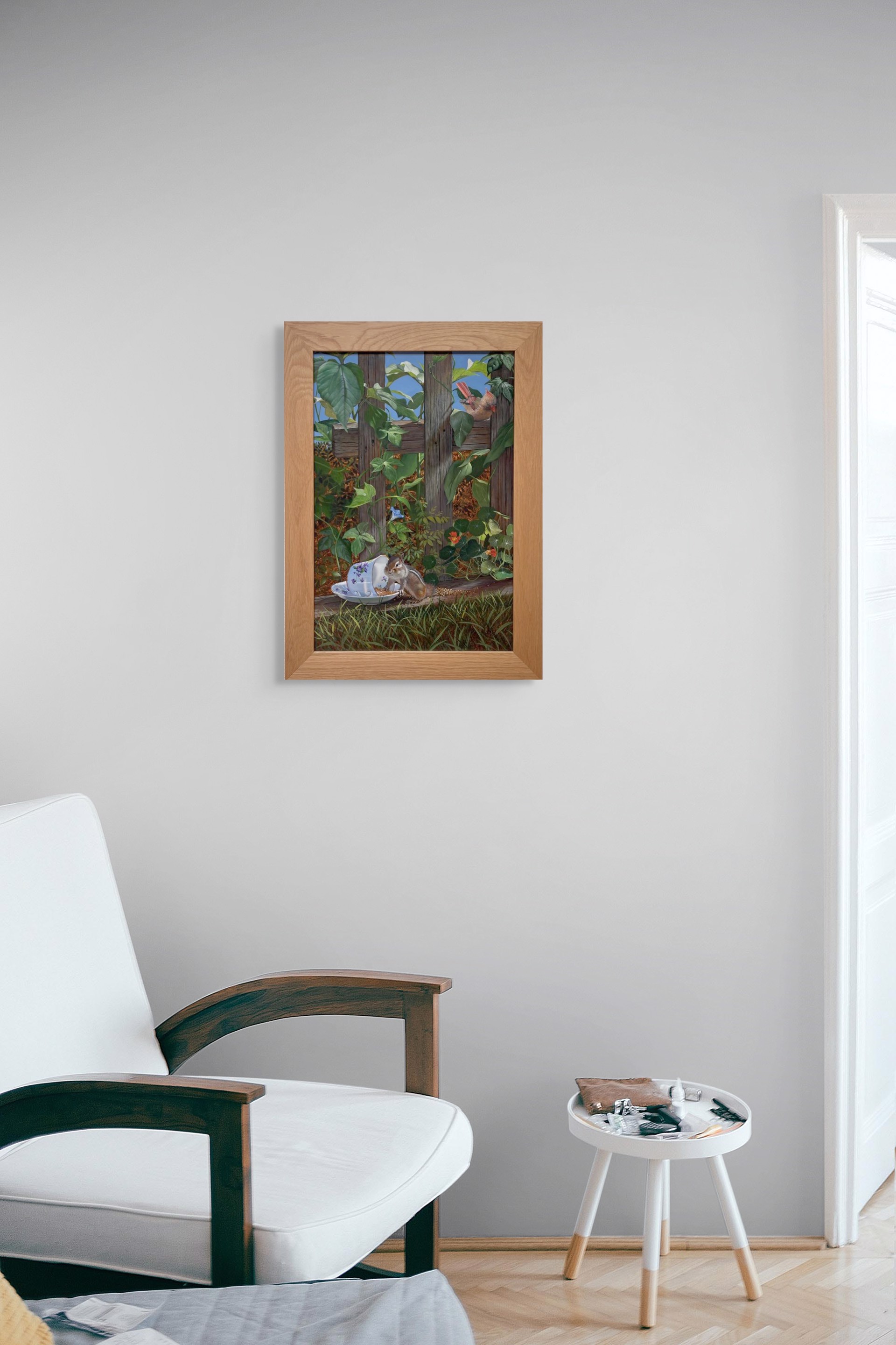 A painting of a chipmunk eating from a teacup in a garden.