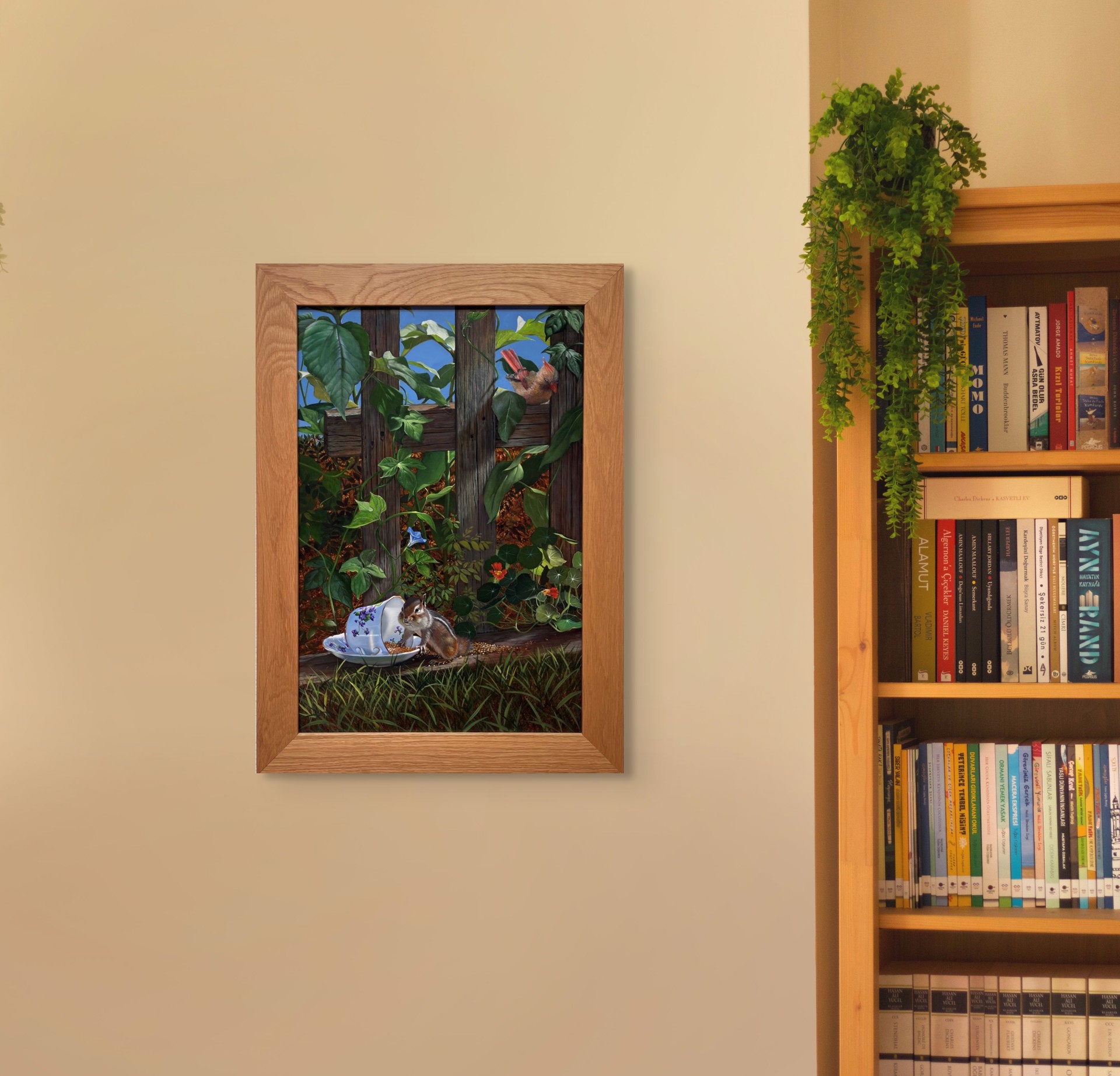 A painting of a chipmunk eating from a teacup in a garden.