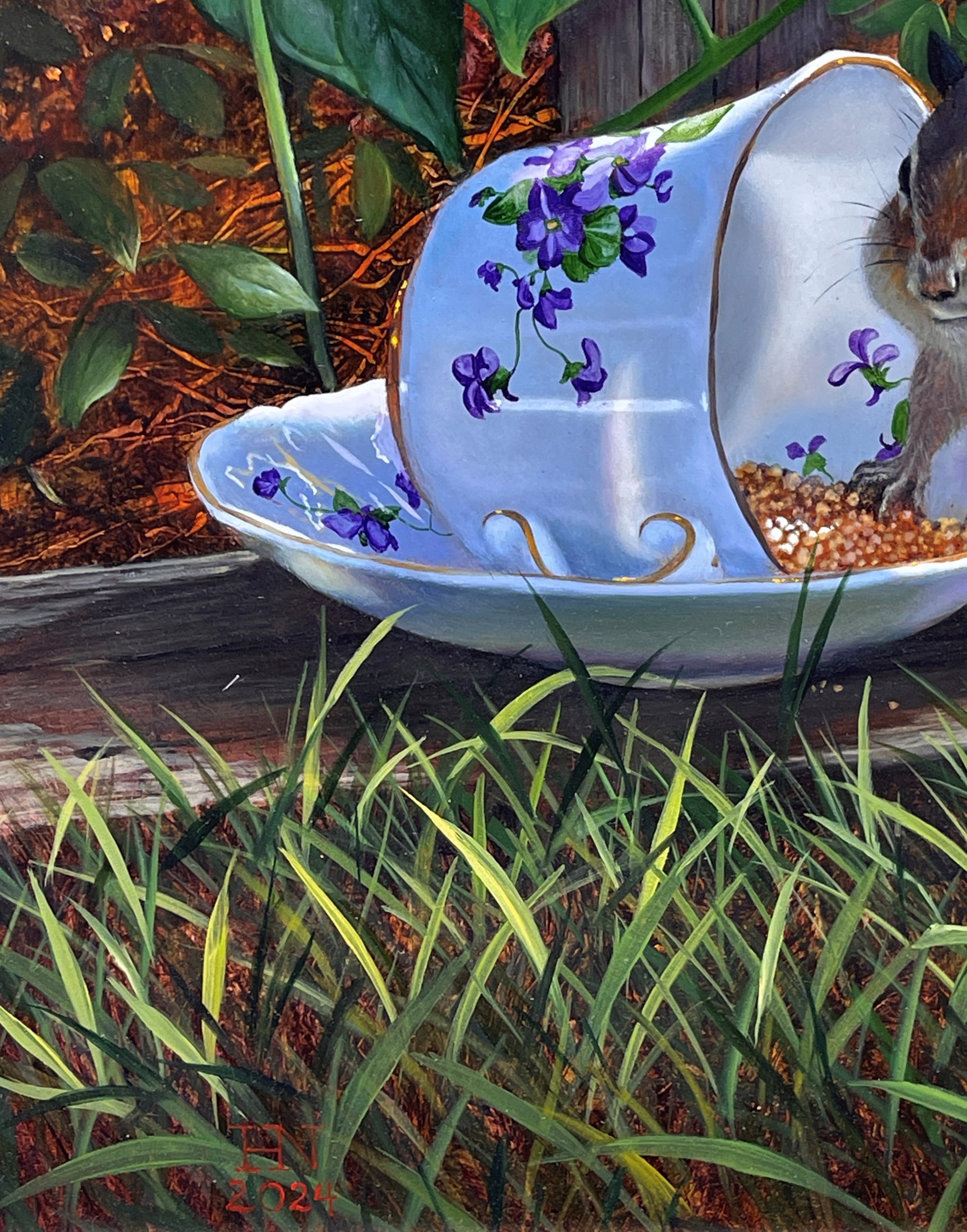 A painting of a chipmunk eating from a teacup in a garden.