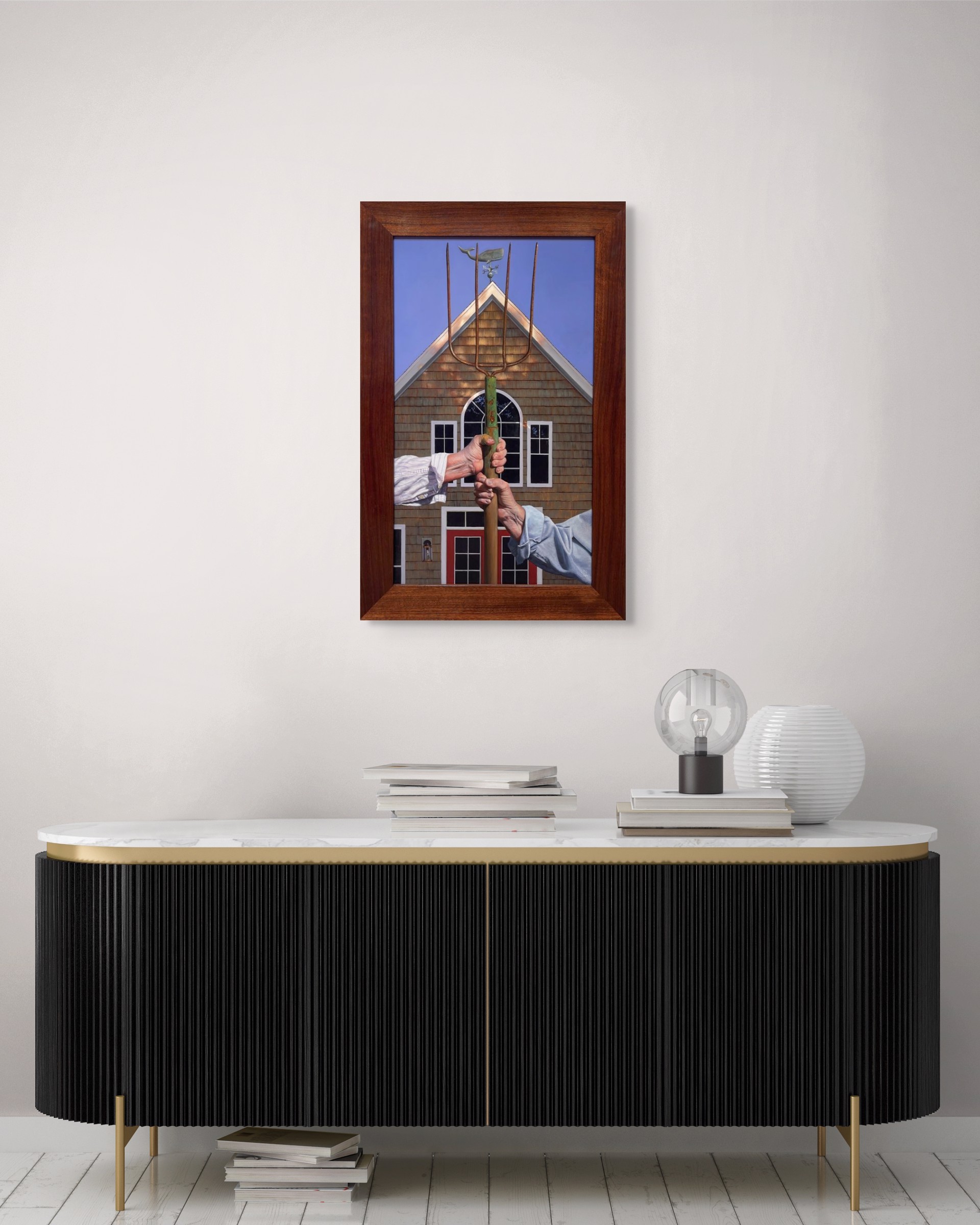 A painting of two hands holding a pitchfork in front of a house.