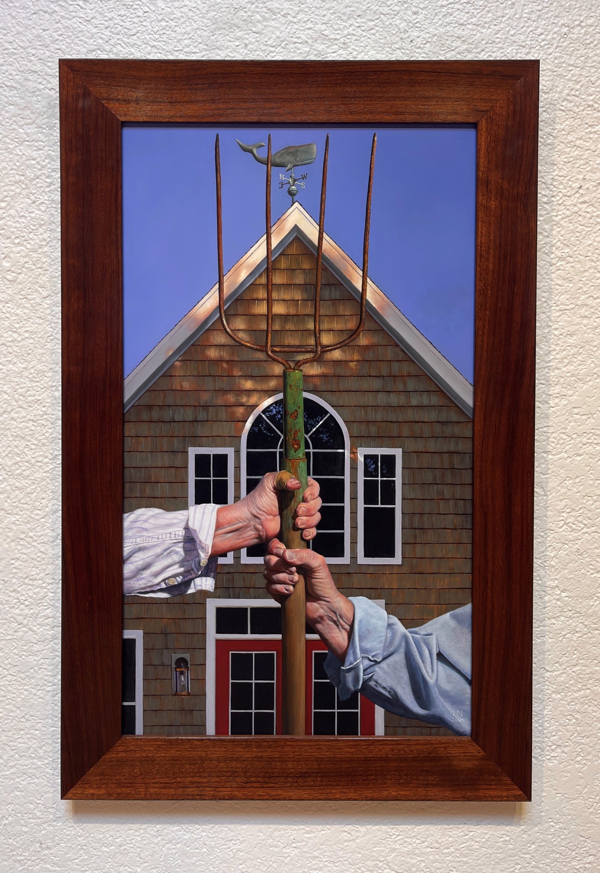 A painting of two hands holding a pitchfork in front of a house.