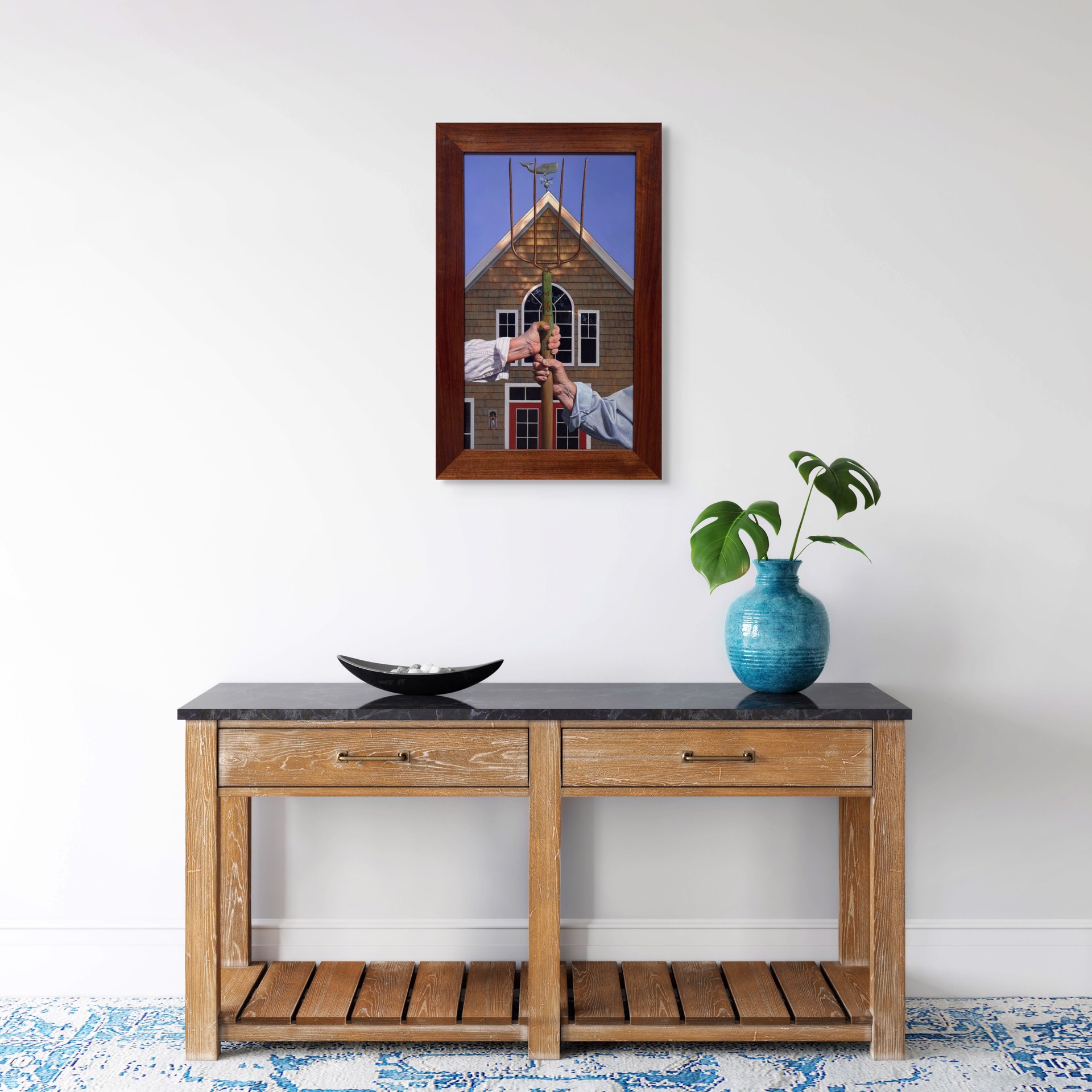 A painting of two hands holding a pitchfork in front of a house.