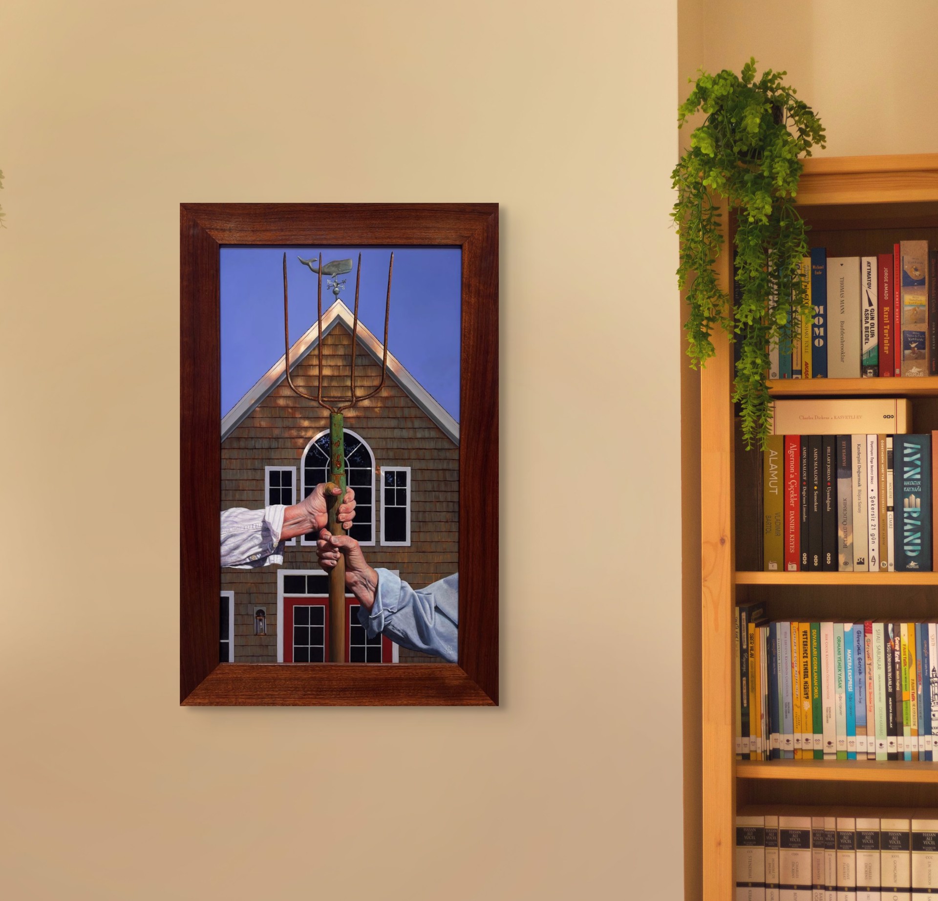 A painting of two hands holding a pitchfork in front of a house.