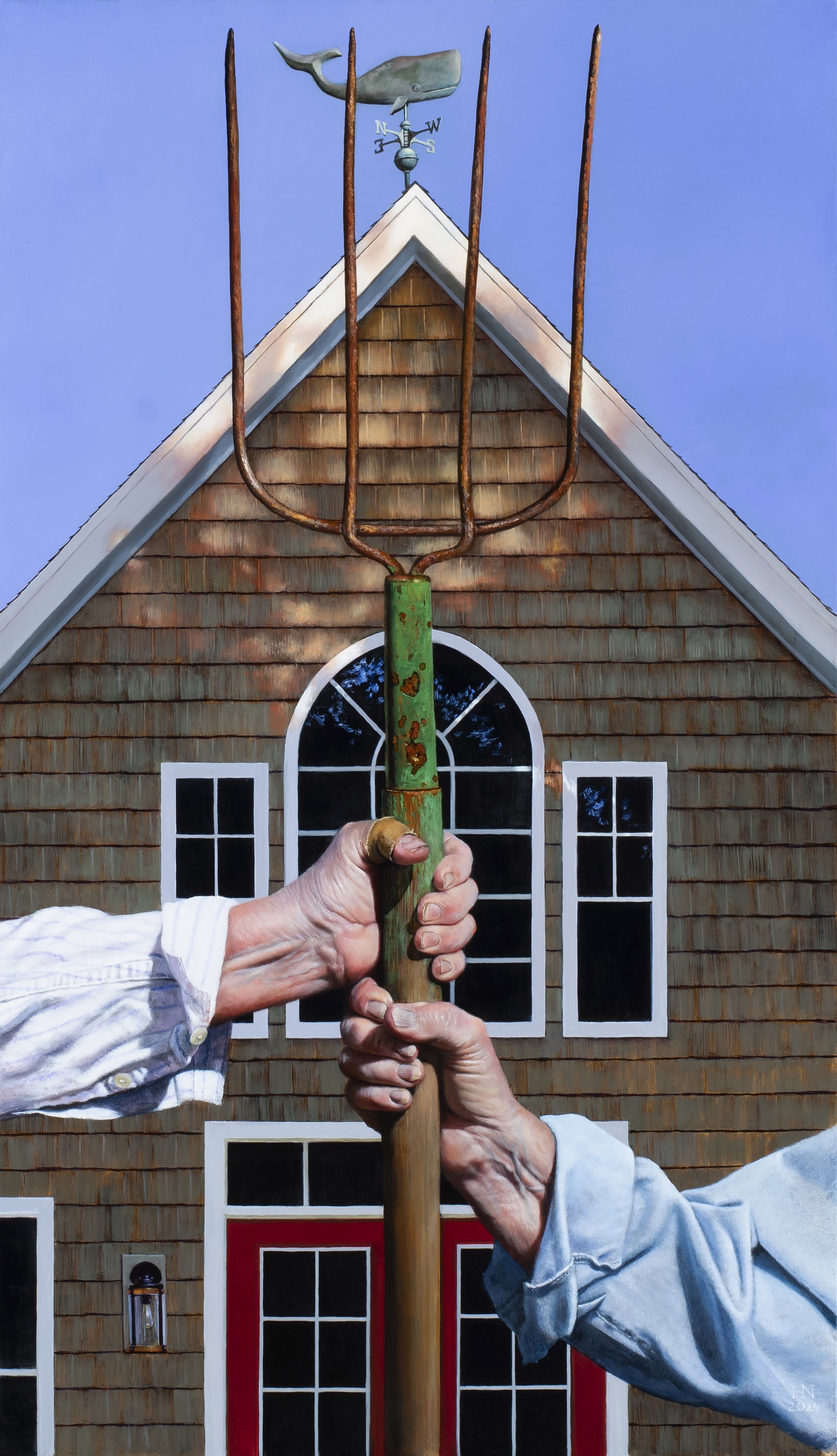 A painting of two hands holding a pitchfork in front of a house.