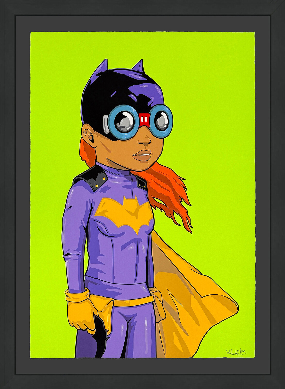 A stylized superhero portrait featuring a figure in purple and yellow gear against a bright lime green background.