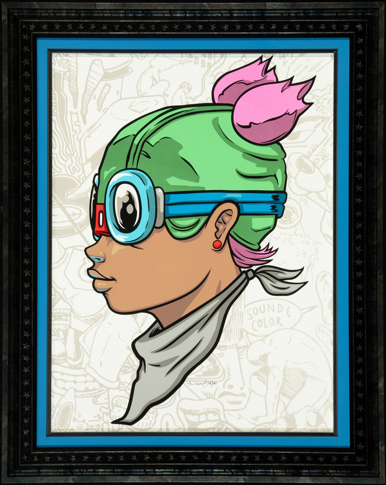 A framed picture of a woman wearing a green hat and goggles.