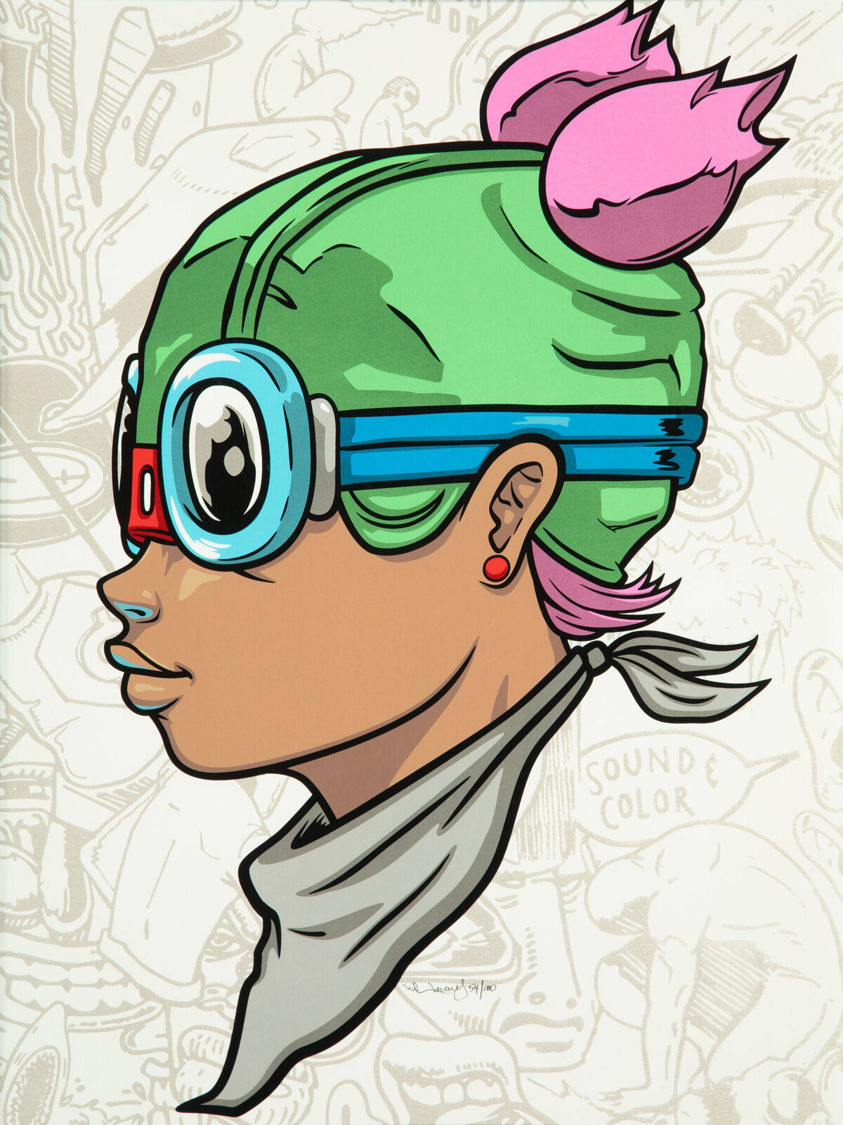 A framed picture of a woman wearing a green hat and goggles.