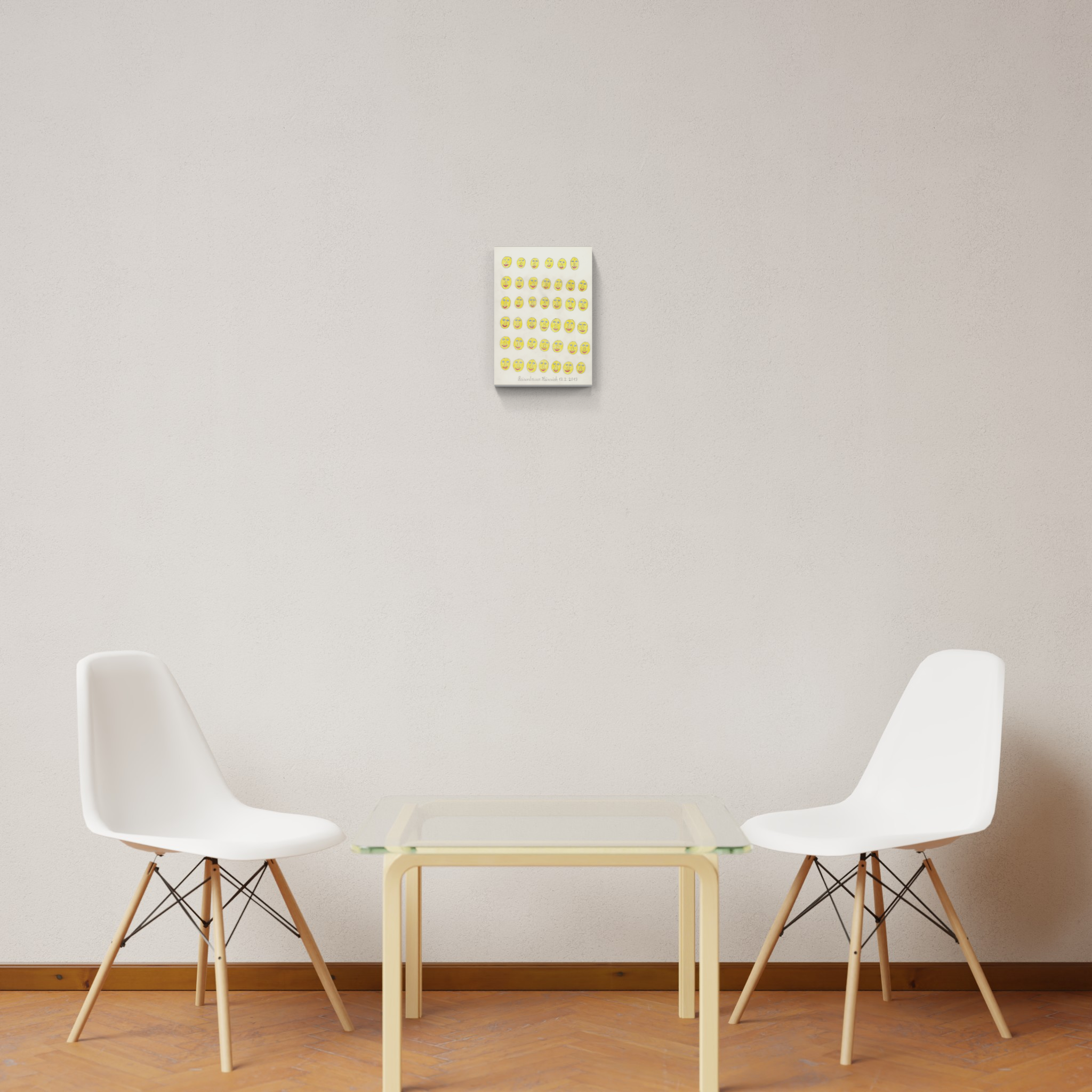 A drawing of a bunch of smiley faces on a white background.