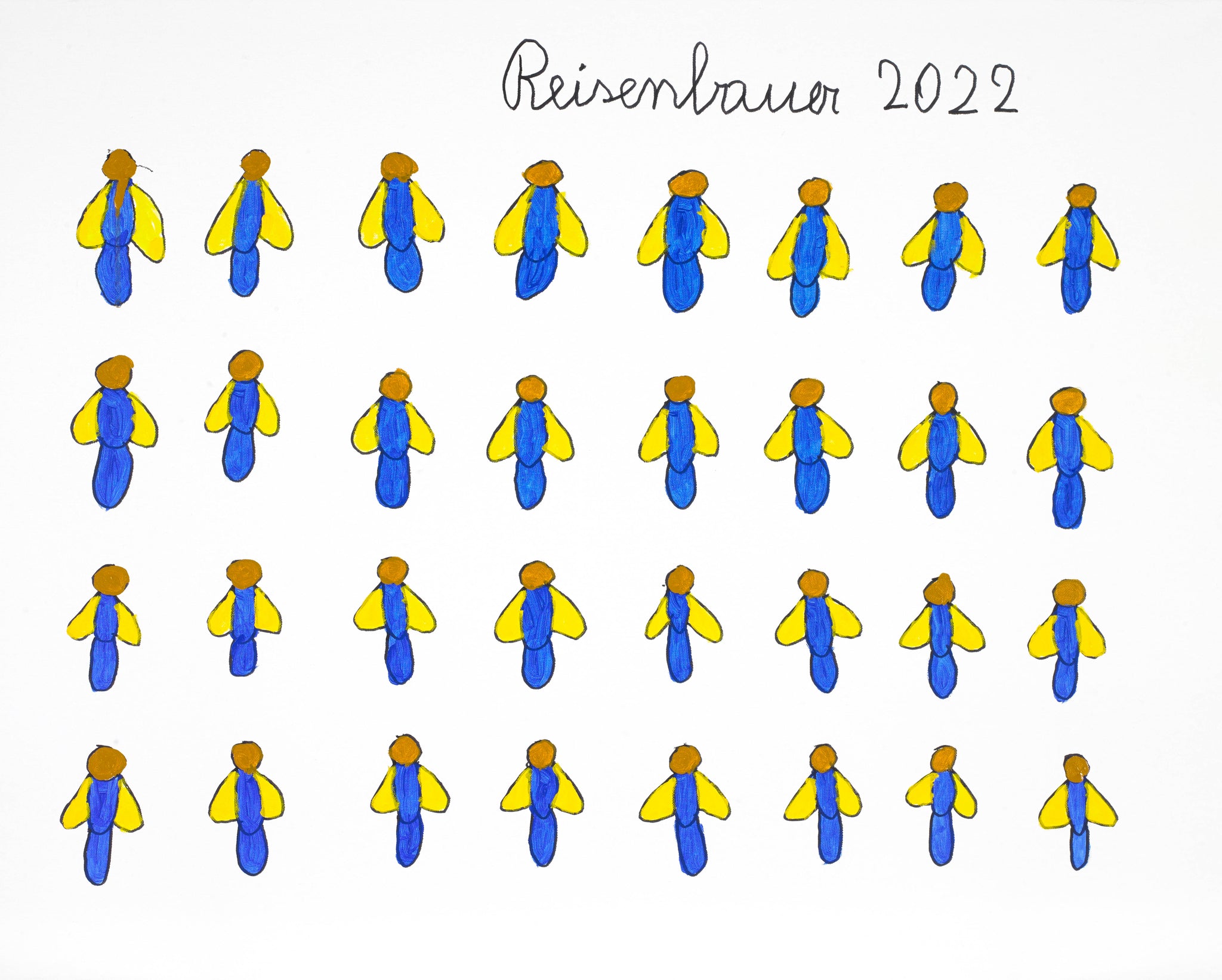 A drawing of a group of people in blue and yellow outfits.