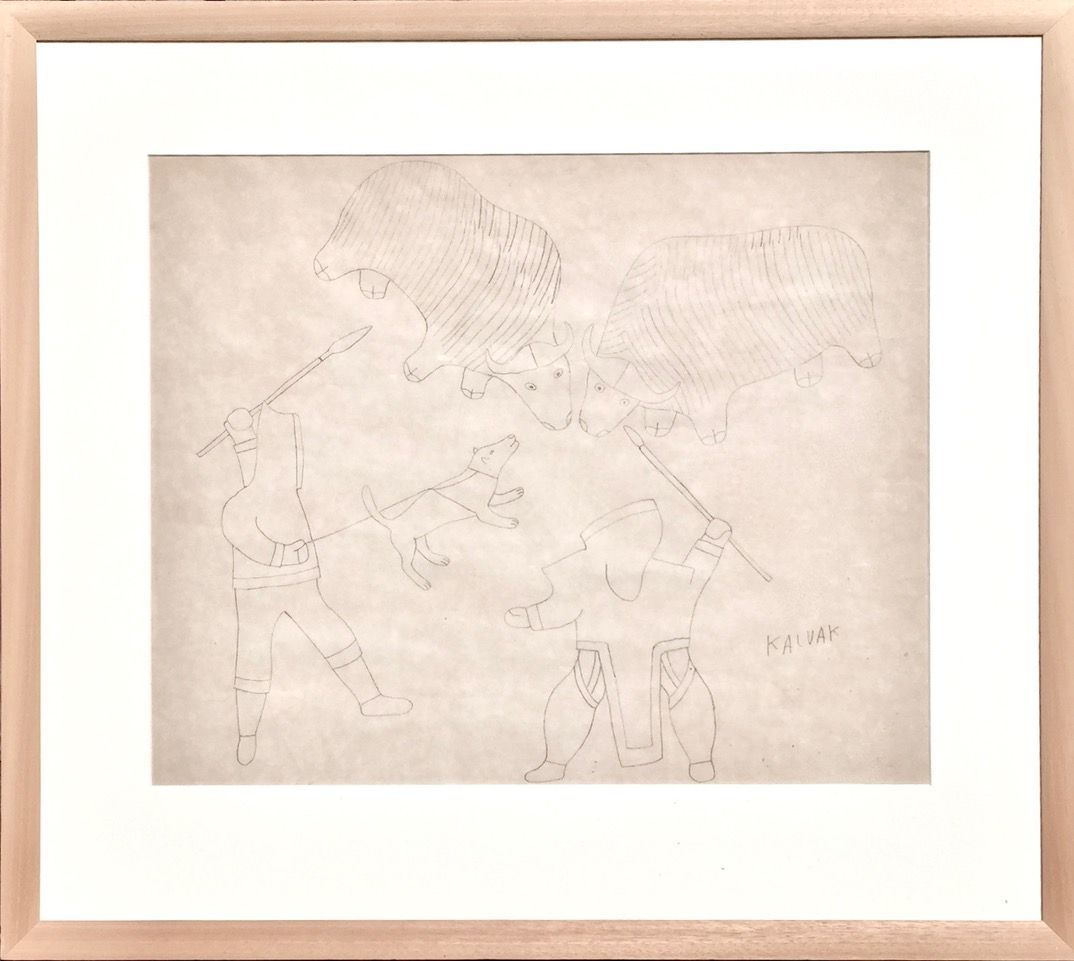 A minimalist line drawing of two figures and two large animals in a neutral-toned composition.