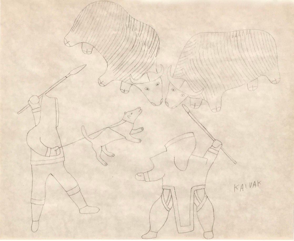 A minimalist line drawing of two figures and two large animals in a neutral-toned composition.