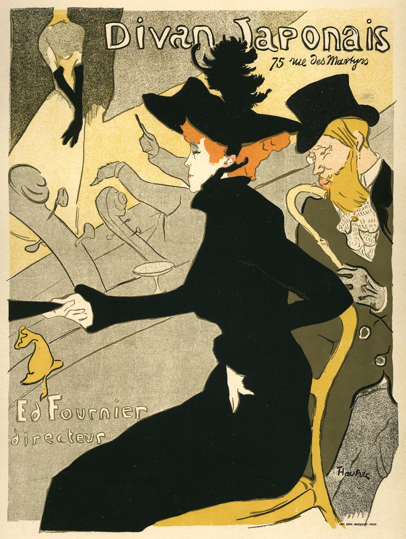 A poster advertising a dance party with a woman in a black dress and hat.