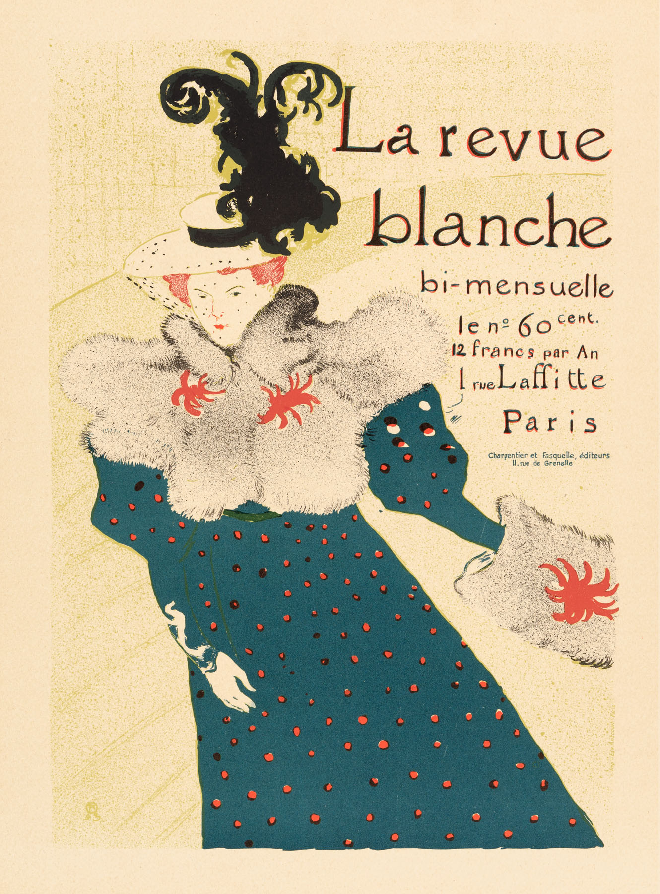 A stylized fashion illustration of a woman in a polka-dot dress and elaborate hat, rendered in bold colors with a vintage aesthetic.
