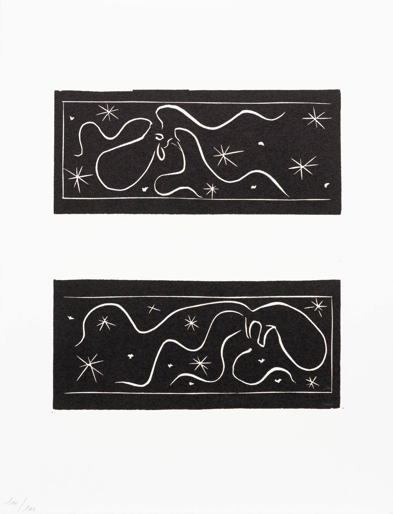 A black and white drawing of a couple kissing under a starry sky.