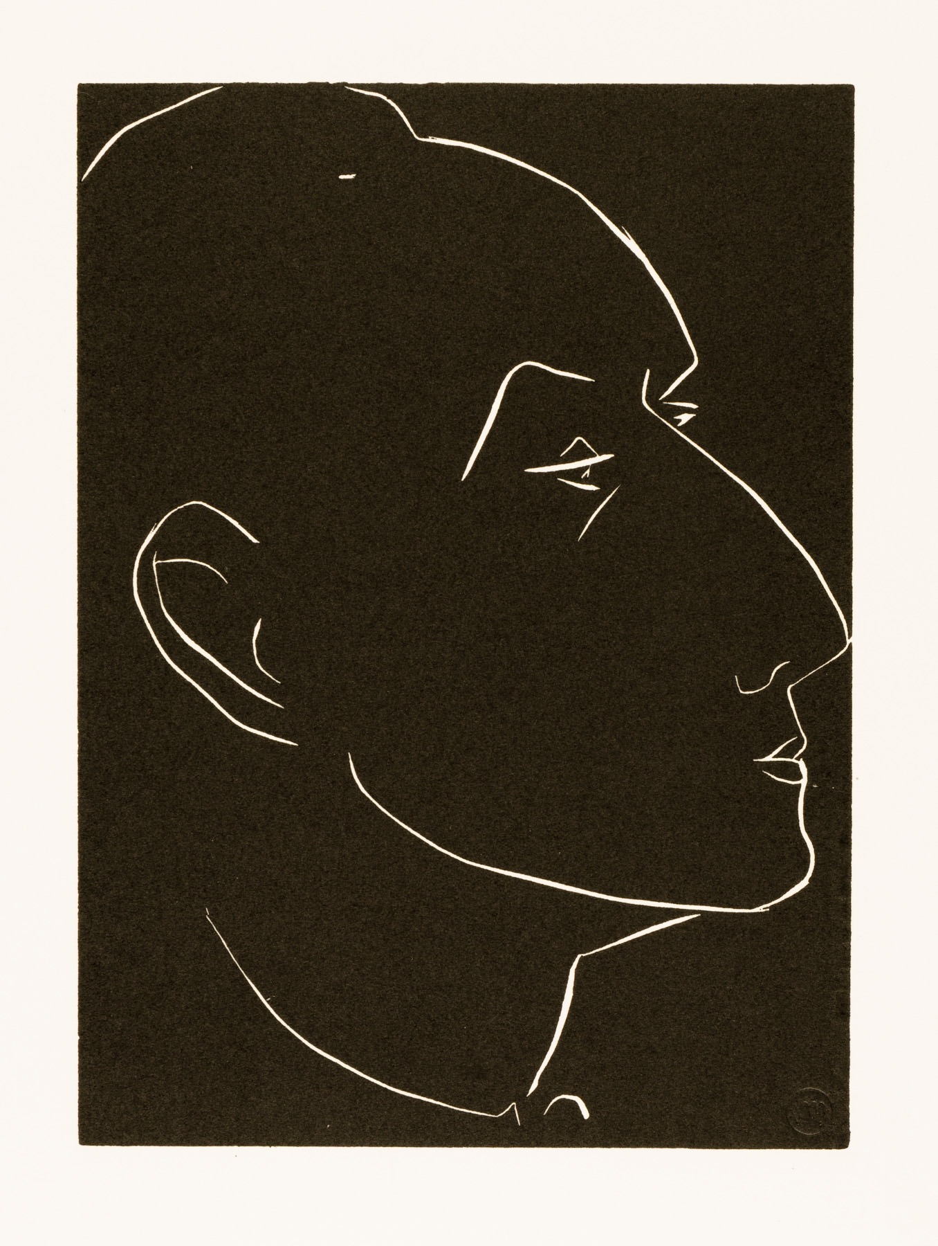 A black and white drawing of a man's face.
