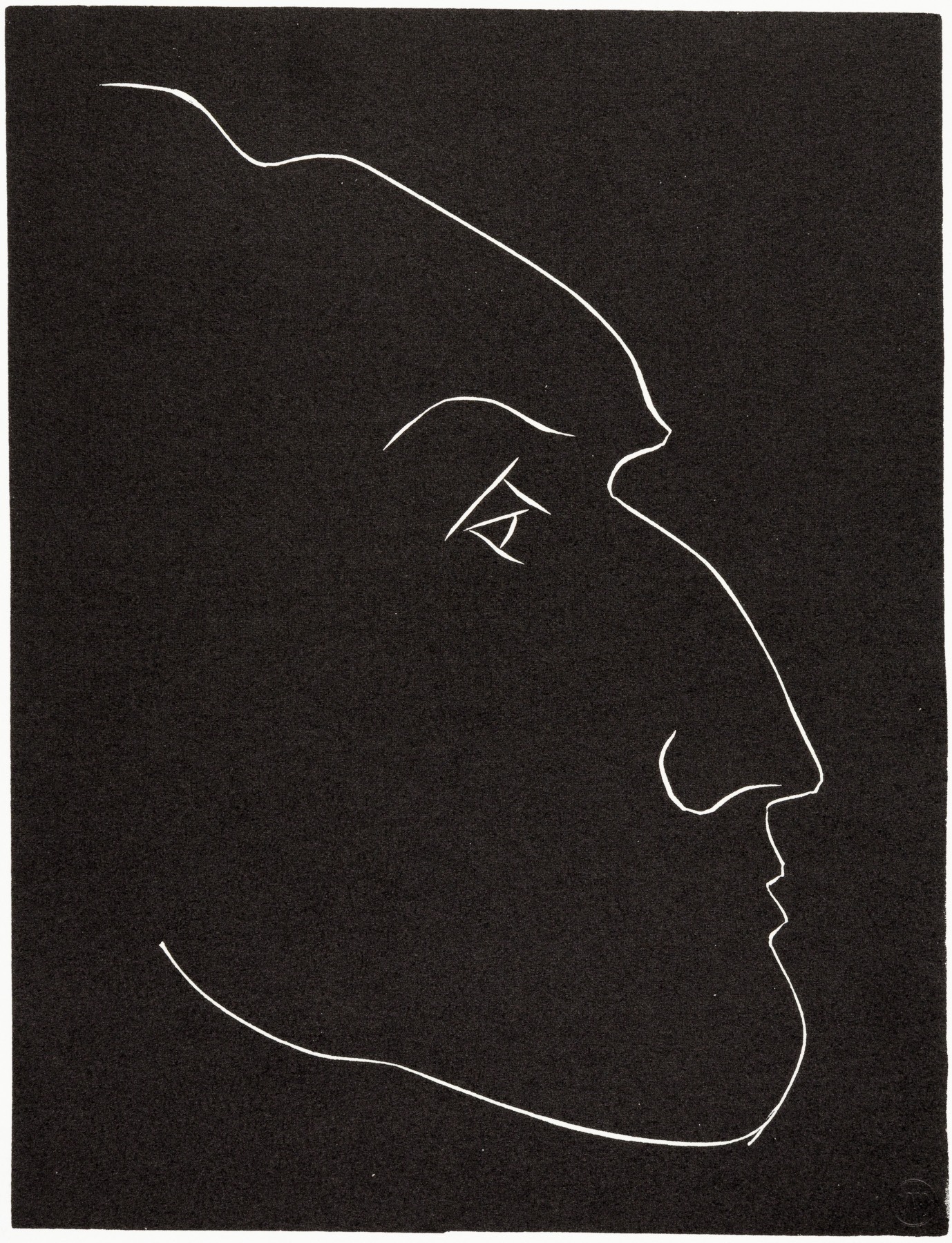 A black and white drawing of a man's face.
