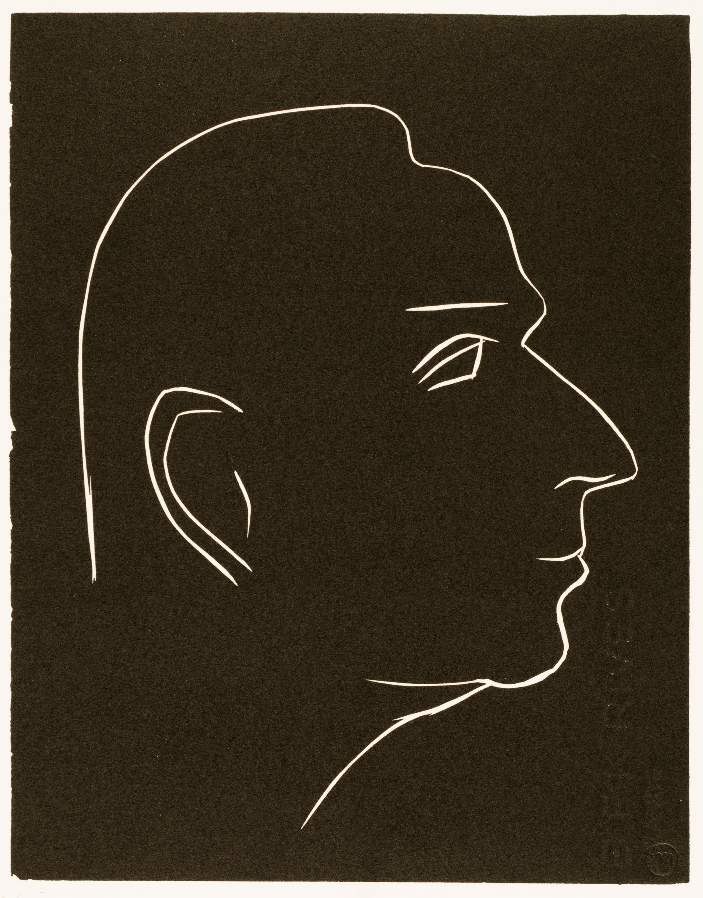 A black and white drawing of a man's face.