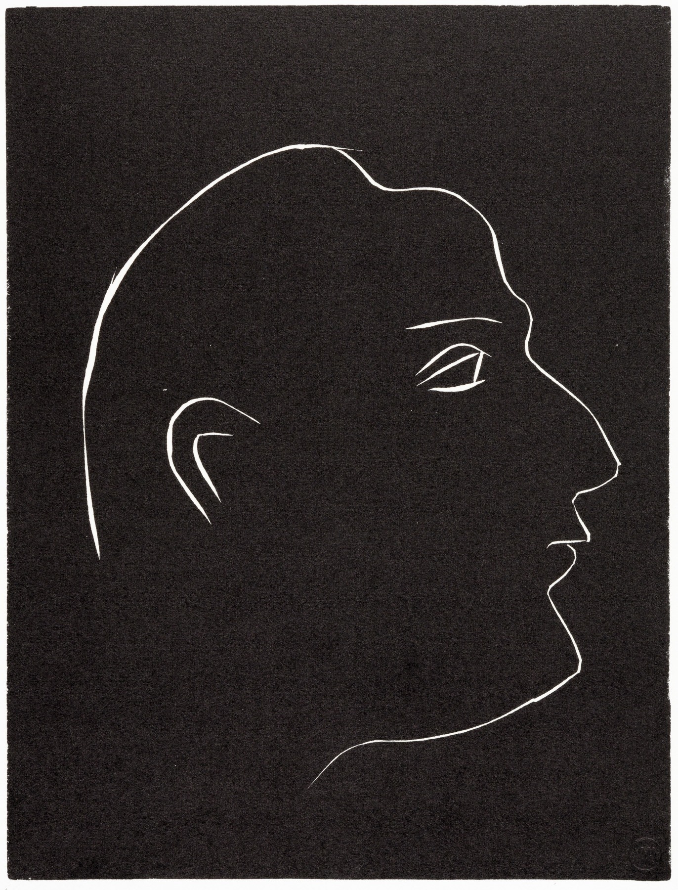 A black and white drawing of a man's face.