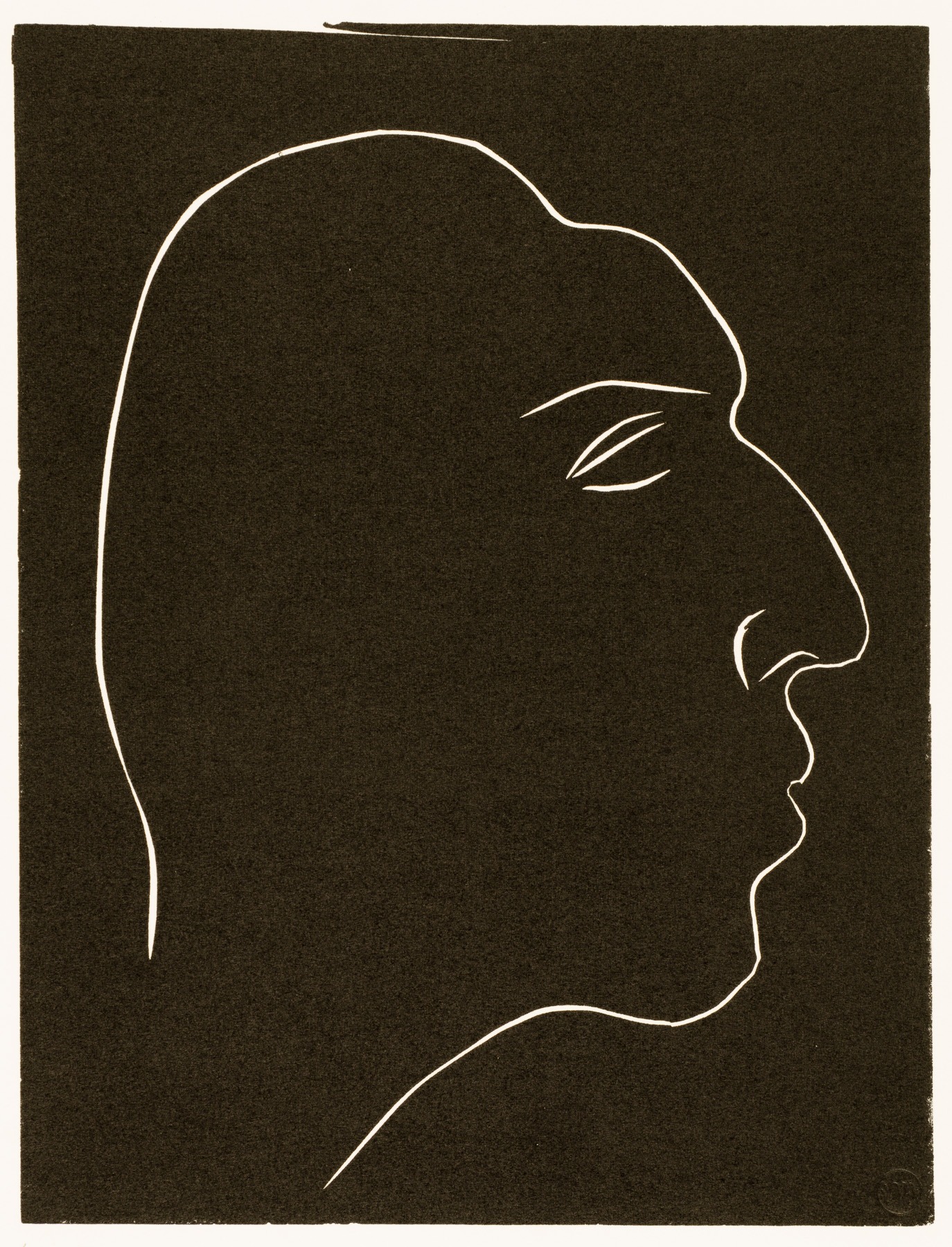 A black and white drawing of a man's face.
