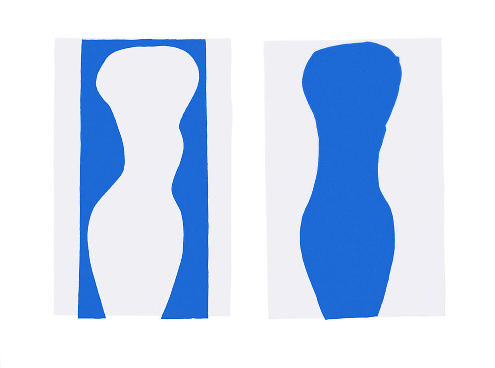 A pair of blue and white silhouettes of a woman's torso.