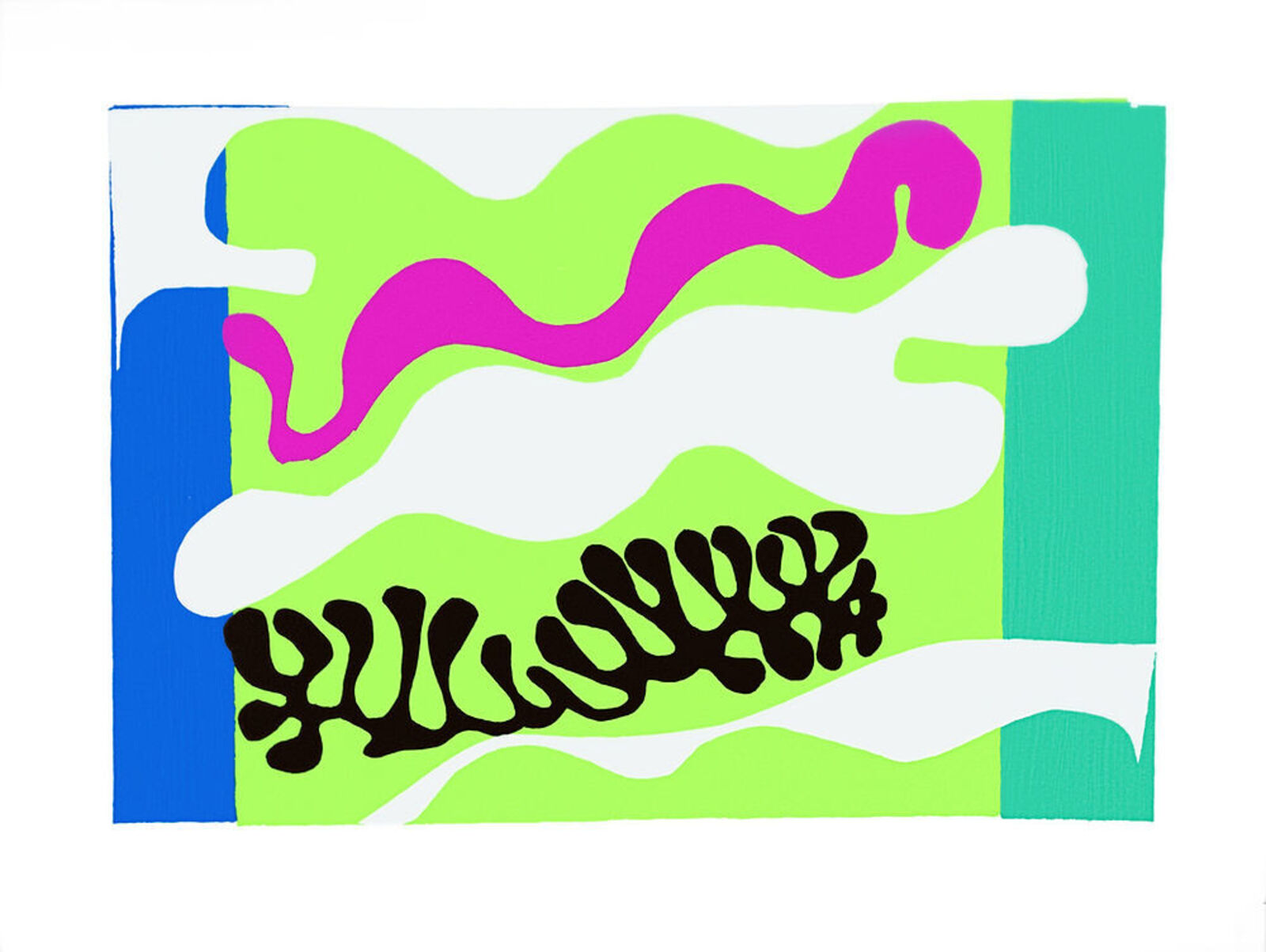 A green, pink, and blue abstract painting on a white background.
