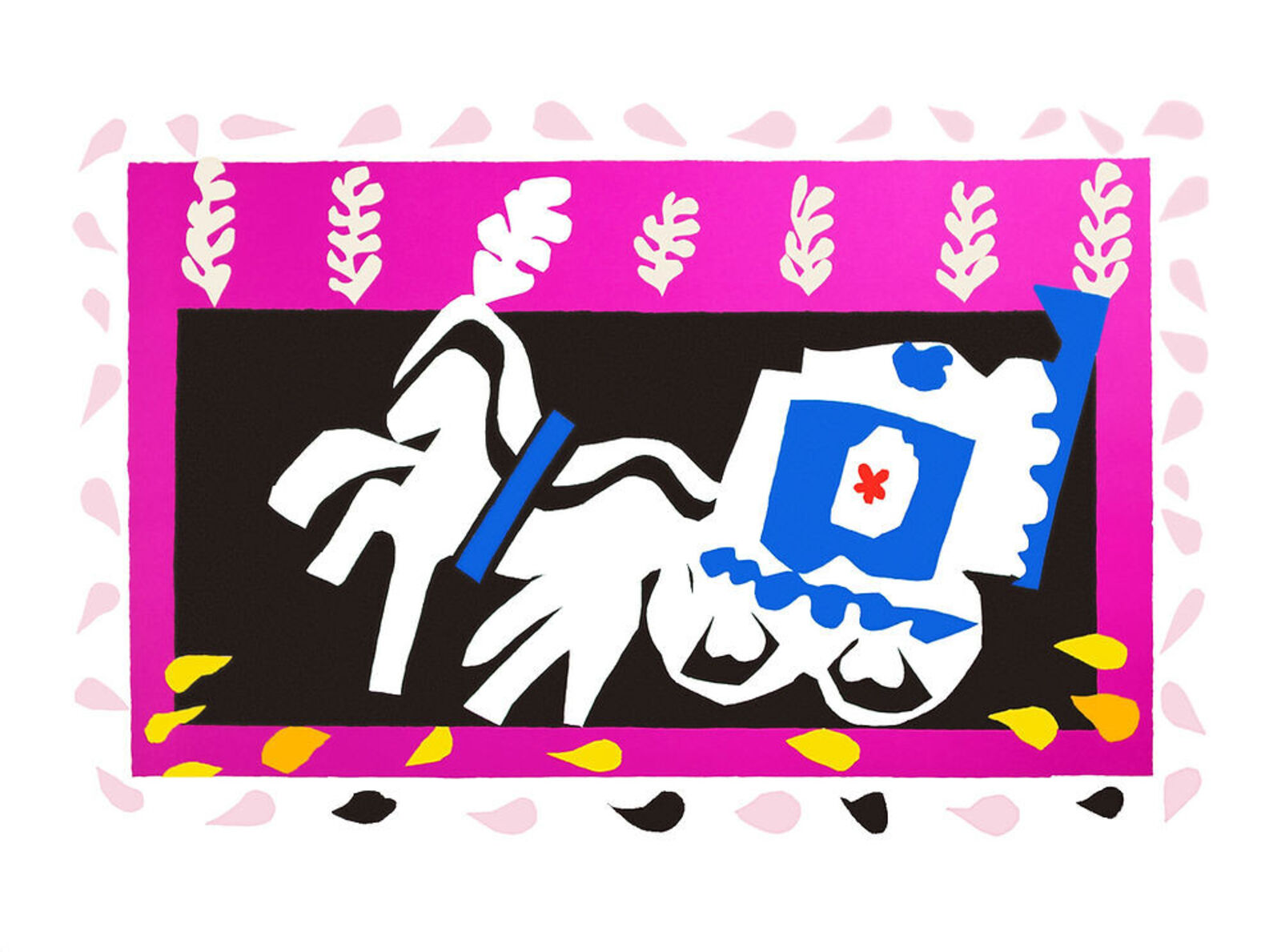 A pink and black painting with a blue and white design on it.