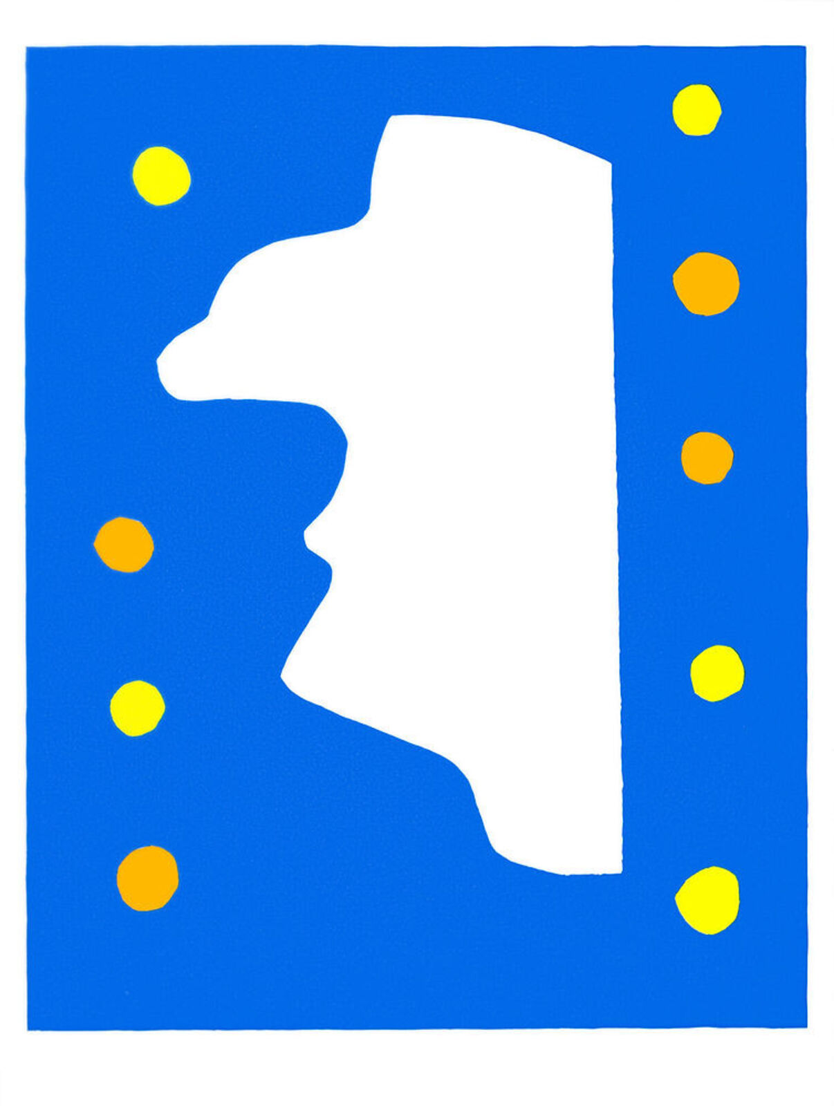 A blue and yellow poster with a silhouette of a man's head.
