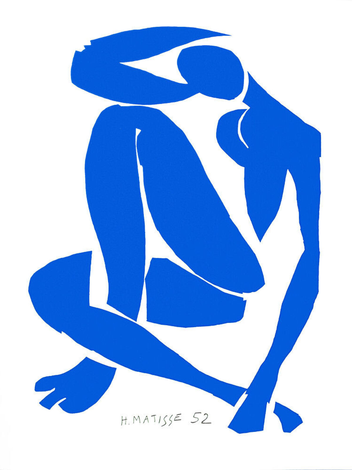 A blue and white drawing of a woman sitting on the ground.